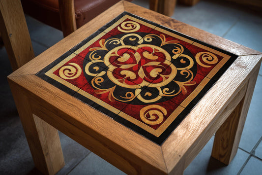 Ornamental ceramic mural: red and gold spiral floral art, decorative table piece, elegant patterned panel, eye-catching design.