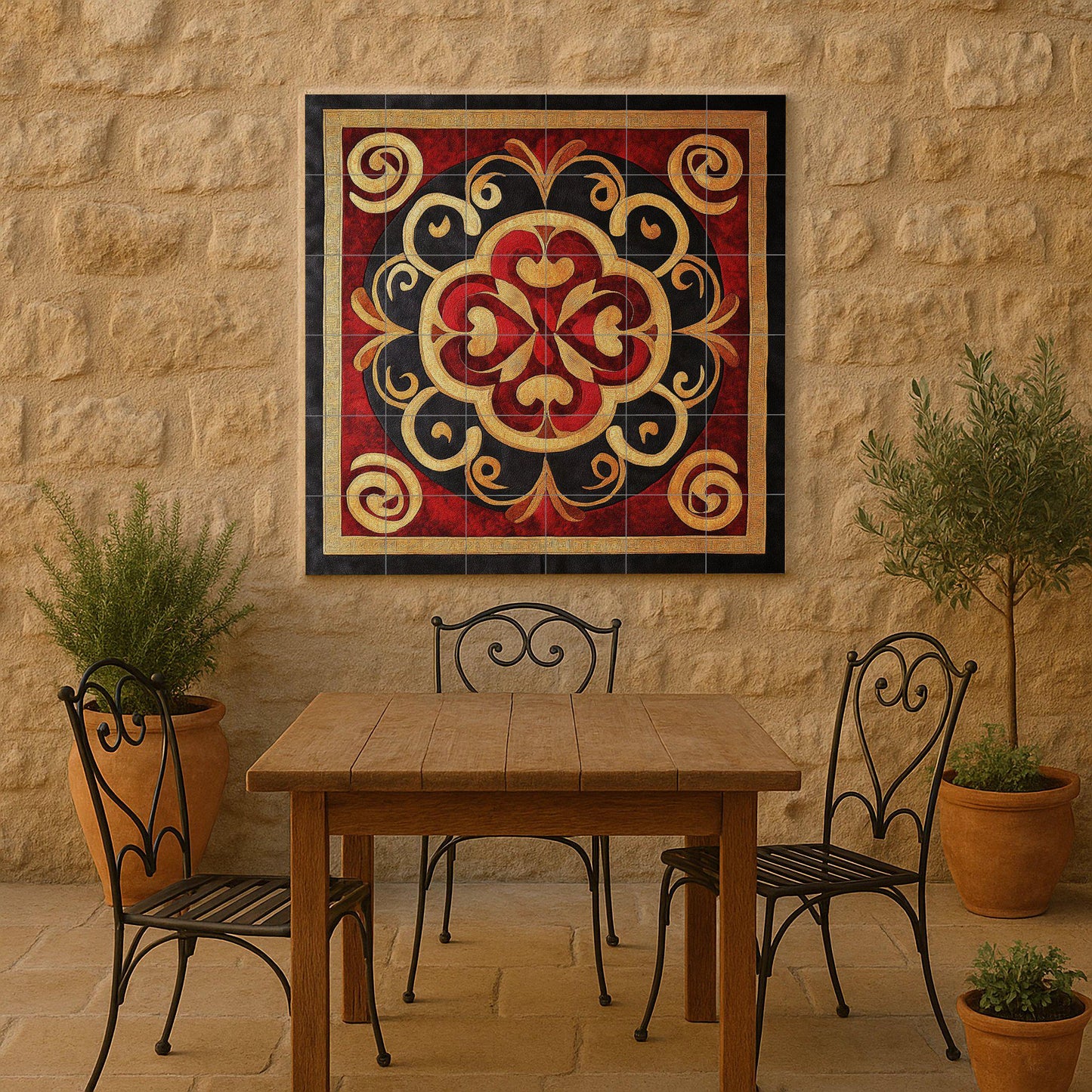Ornamental ceramic mural: red and gold spiral floral art, decorative table piece, elegant patterned panel, eye-catching design.