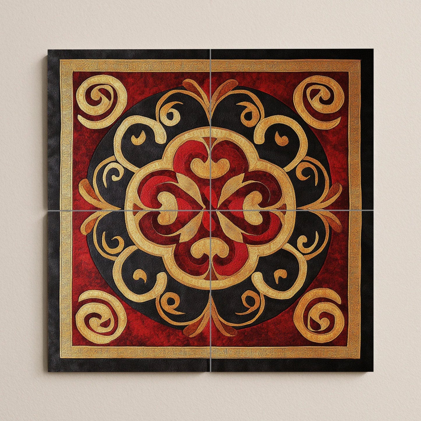 Ornamental ceramic mural: red and gold spiral floral art, decorative table piece, elegant patterned panel, eye-catching design.