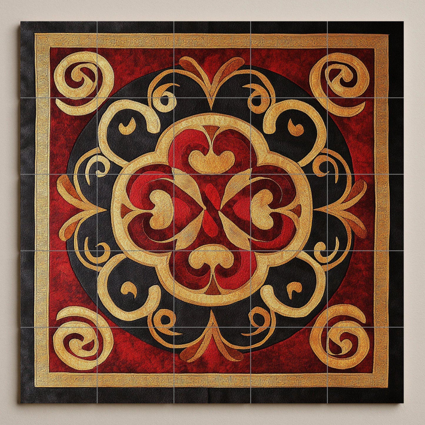 Ornamental ceramic mural: red and gold spiral floral art, decorative table piece, elegant patterned panel, eye-catching design.