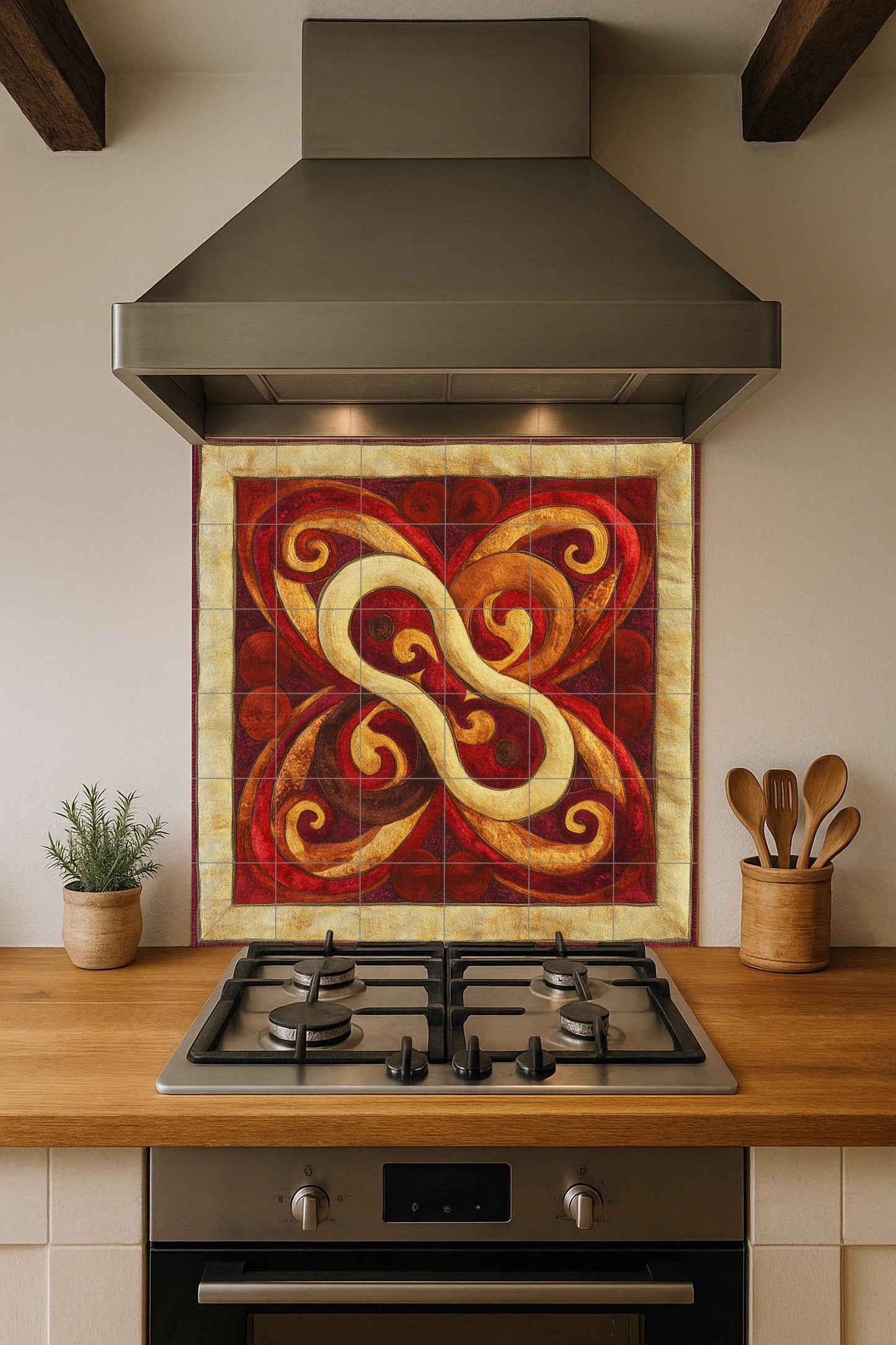 Ceramic mural with Mongolian knot: felt-inspired tile art with red and gold swirls, yurt decorative motif, striking abstract wall detail.