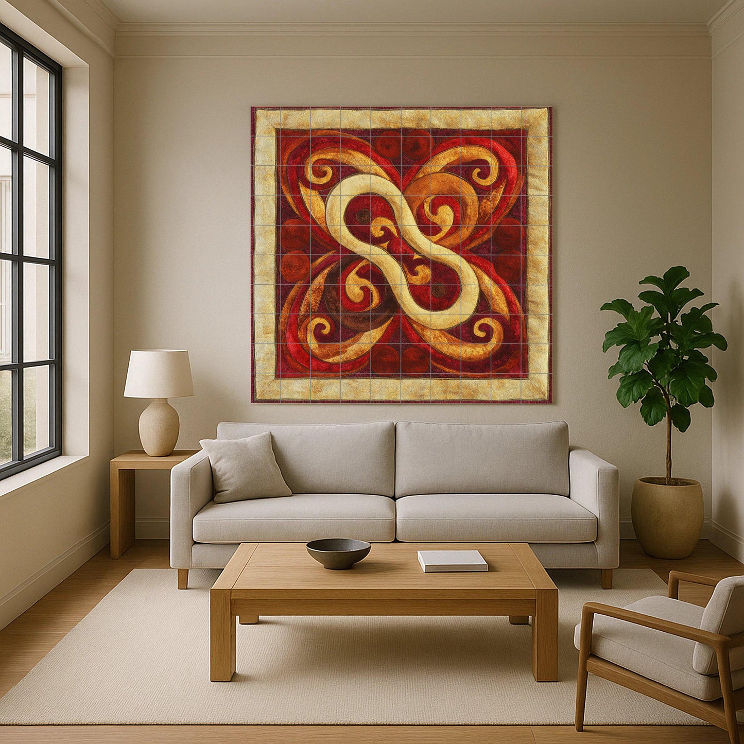Ceramic mural with Mongolian knot: felt-inspired tile art with red and gold swirls, yurt decorative motif, striking abstract wall detail.