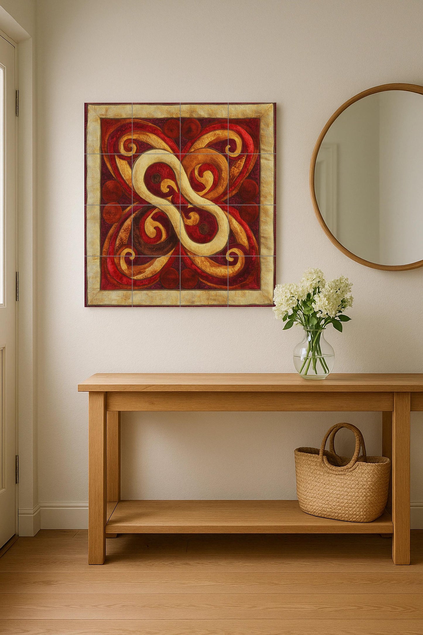Ceramic mural with Mongolian knot: felt-inspired tile art with red and gold swirls, yurt decorative motif, striking abstract wall detail.