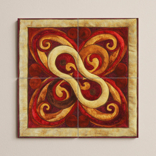 Ceramic mural with Mongolian knot: felt-inspired tile art with red and gold swirls, yurt decorative motif, striking abstract wall detail.
