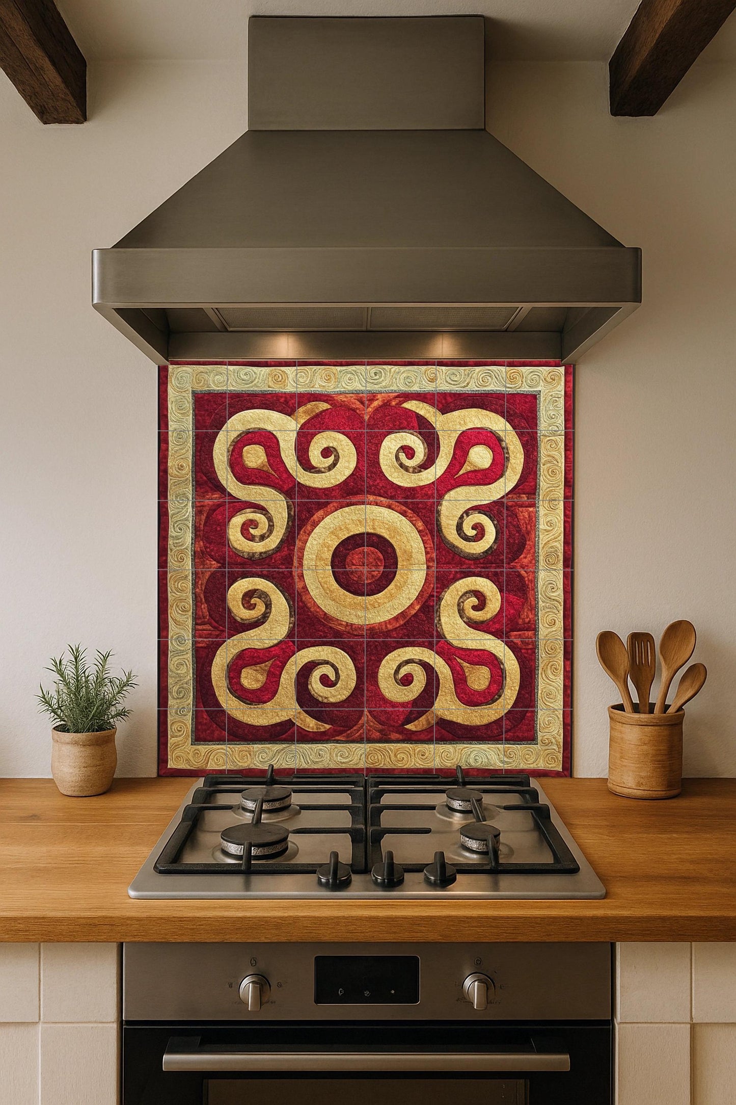 Central Asian ceramic mural: Silk Road inspired tile art, Samarkand and Bukhara motif, wall panel with golden spirals, decorative nomadic design.