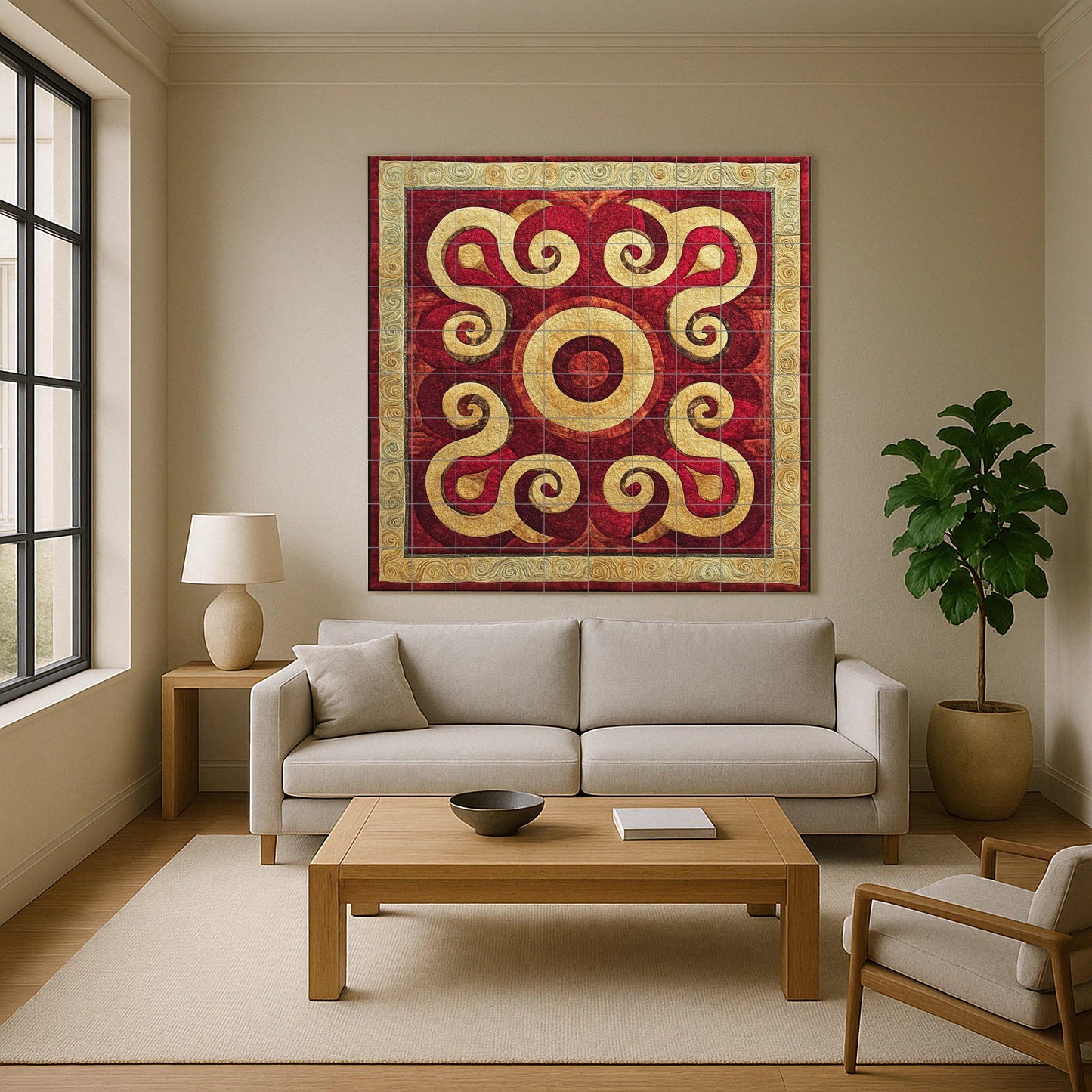 Central Asian ceramic mural: Silk Road inspired tile art, Samarkand and Bukhara motif, wall panel with golden spirals, decorative nomadic design.