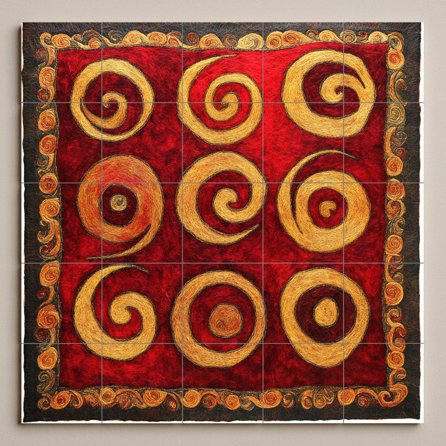 Golden Spiral Ceramic Mural: Tile art with swirls in deep red and ochre, a striking abstract wall detail, decorative panel with dynamic patterns