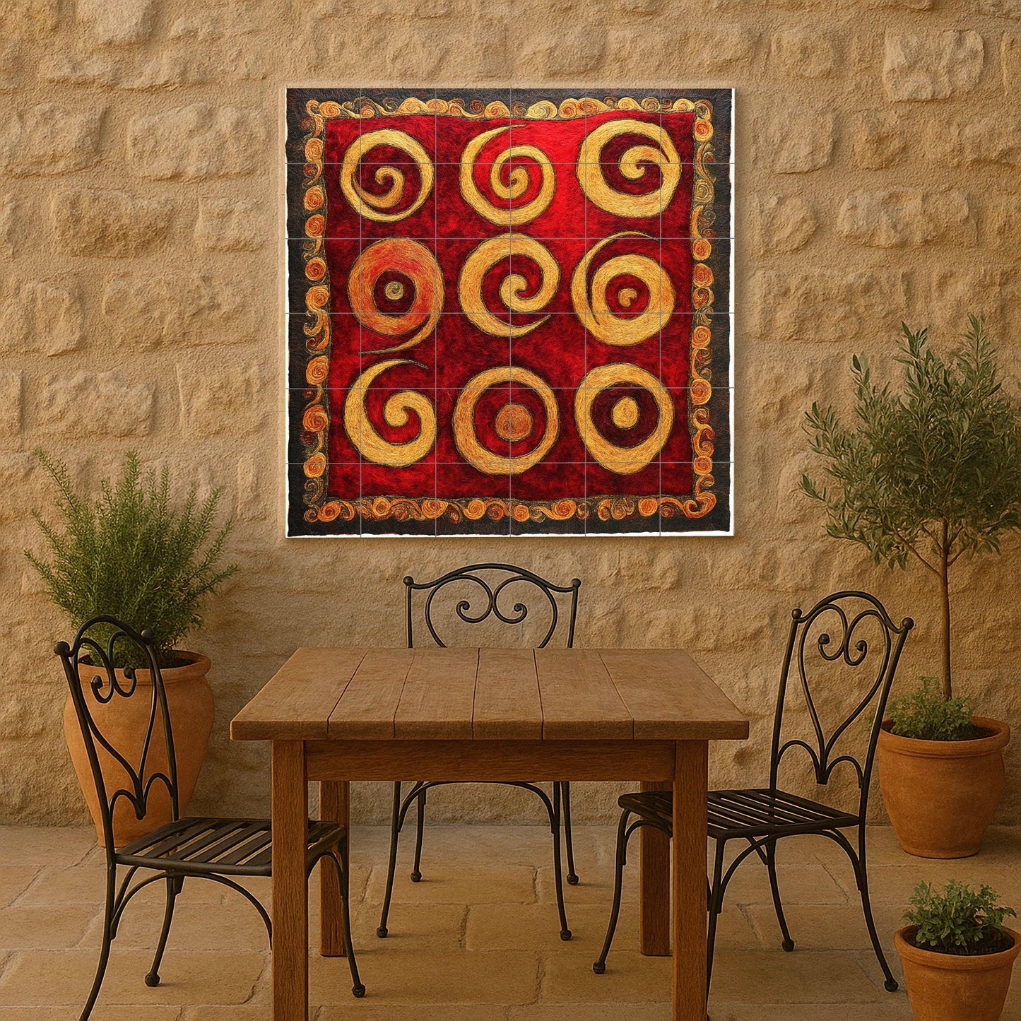 Golden Spiral Ceramic Mural: Tile art with swirls in deep red and ochre, a striking abstract wall detail, decorative panel with dynamic patterns