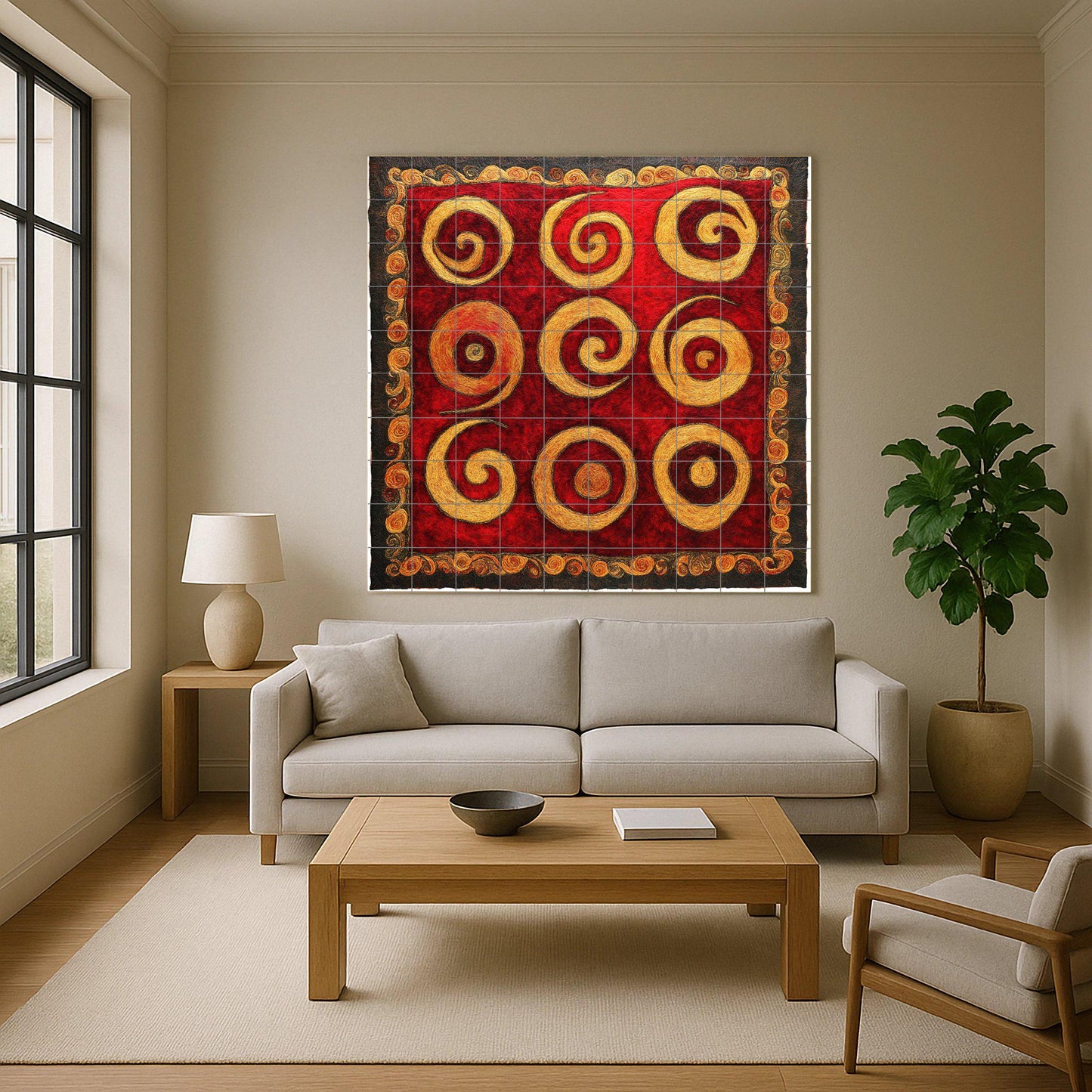 Golden Spiral Ceramic Mural: Tile art with swirls in deep red and ochre, a striking abstract wall detail, decorative panel with dynamic patterns