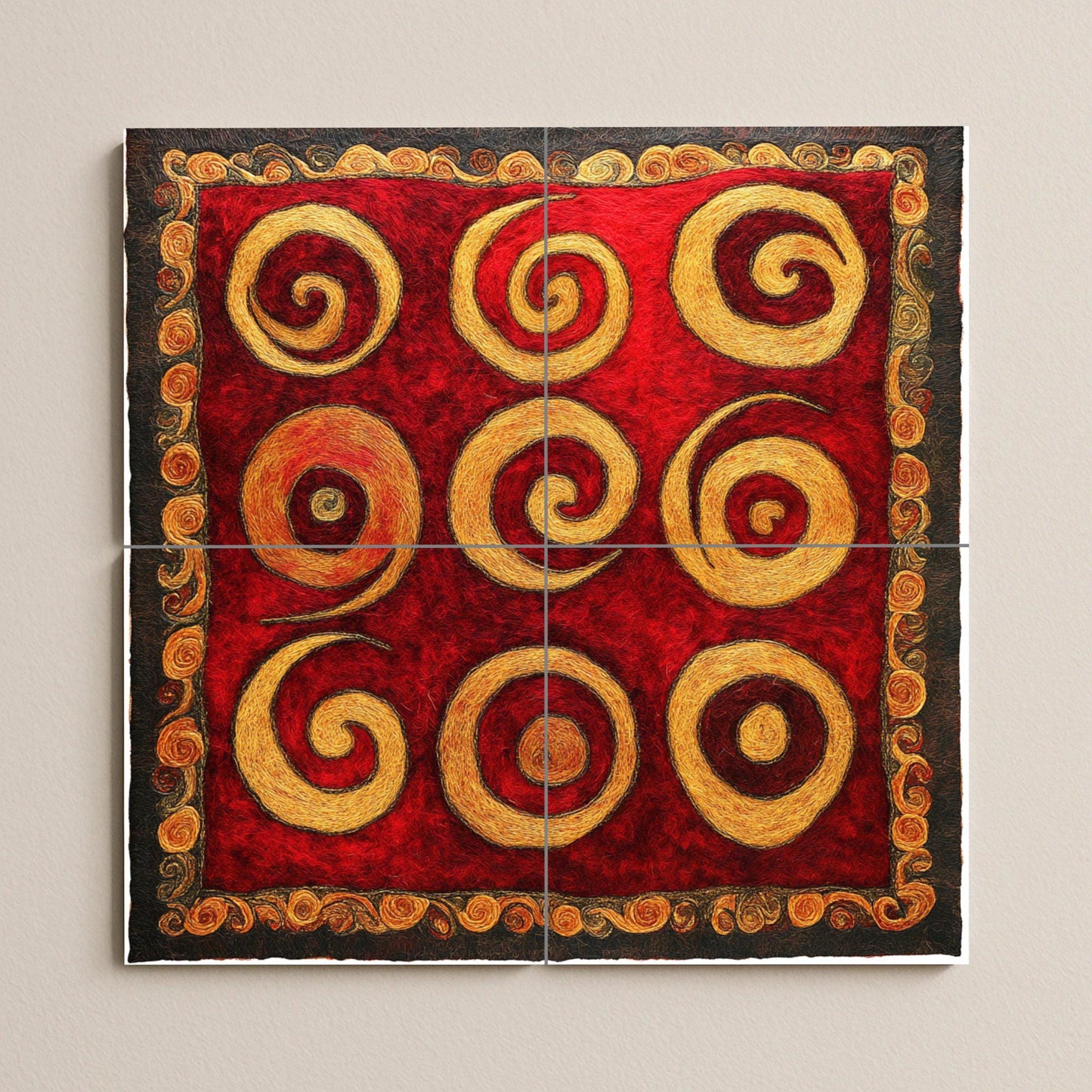 Golden Spiral Ceramic Mural: Tile art with swirls in deep red and ochre, a striking abstract wall detail, decorative panel with dynamic patterns