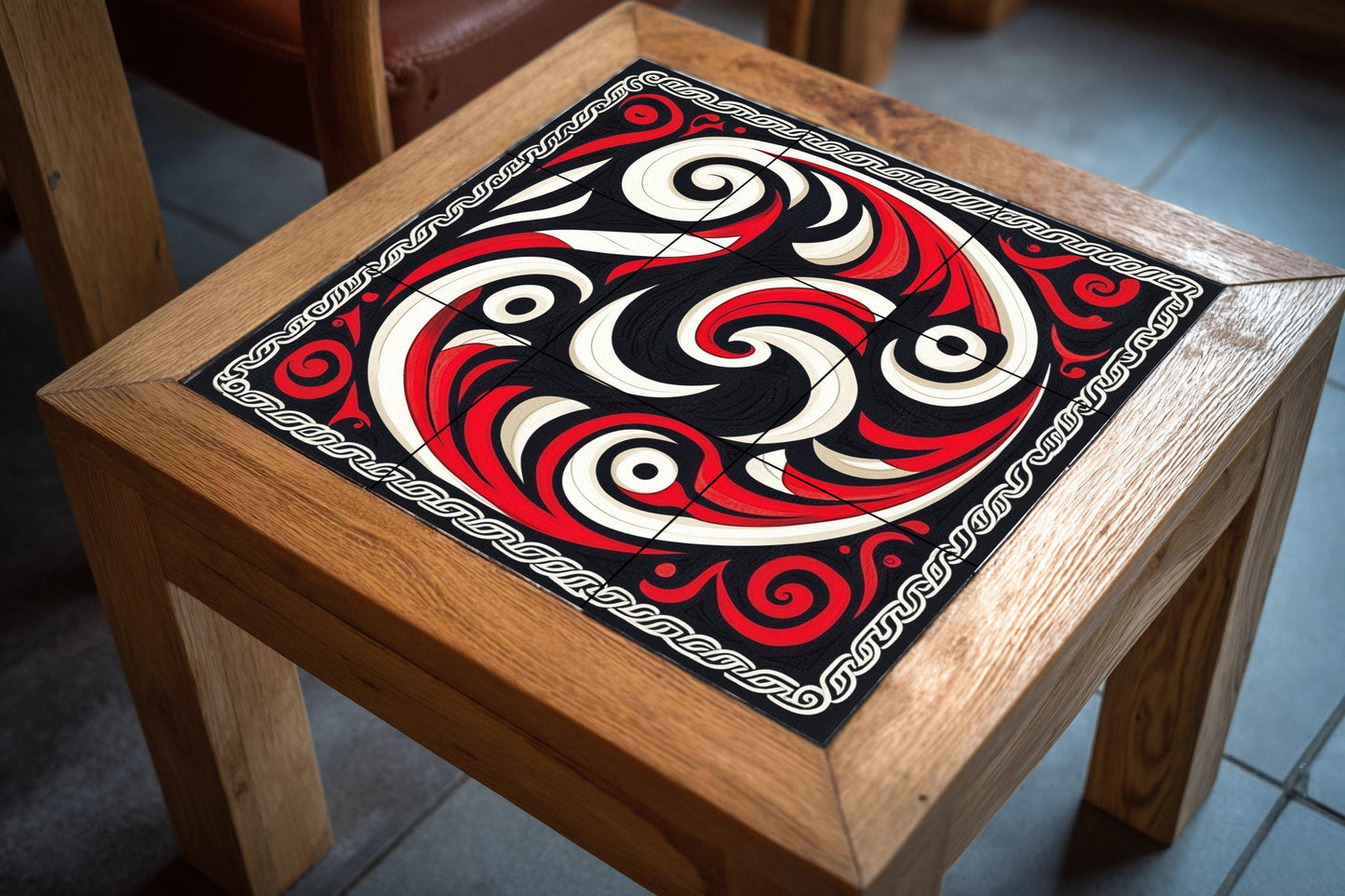 Dynamic abstract ceramic mural: wall art with red and black swirls, decorative tile set, geometric details, modern and bold design.