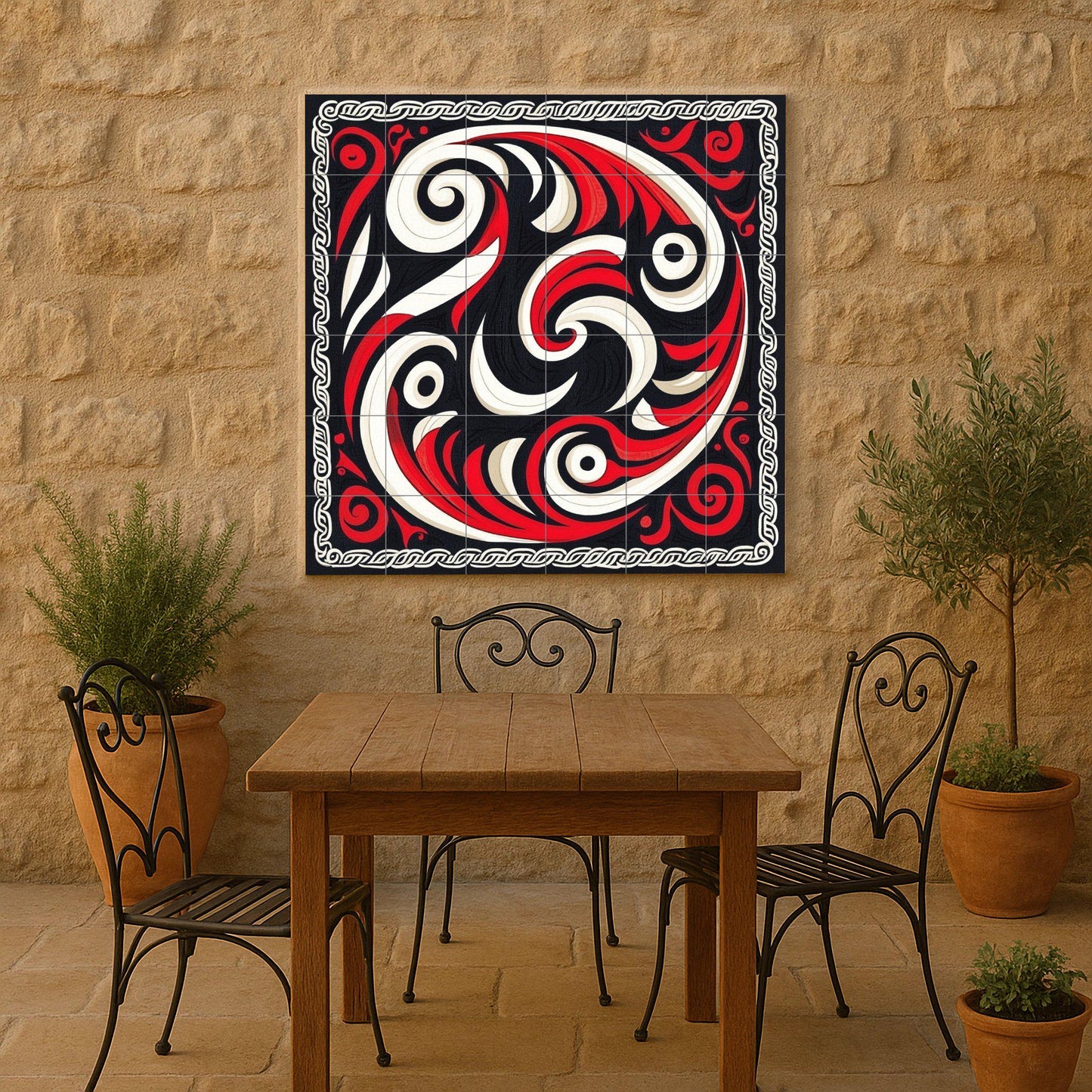 Dynamic abstract ceramic mural: wall art with red and black swirls, decorative tile set, geometric details, modern and bold design.