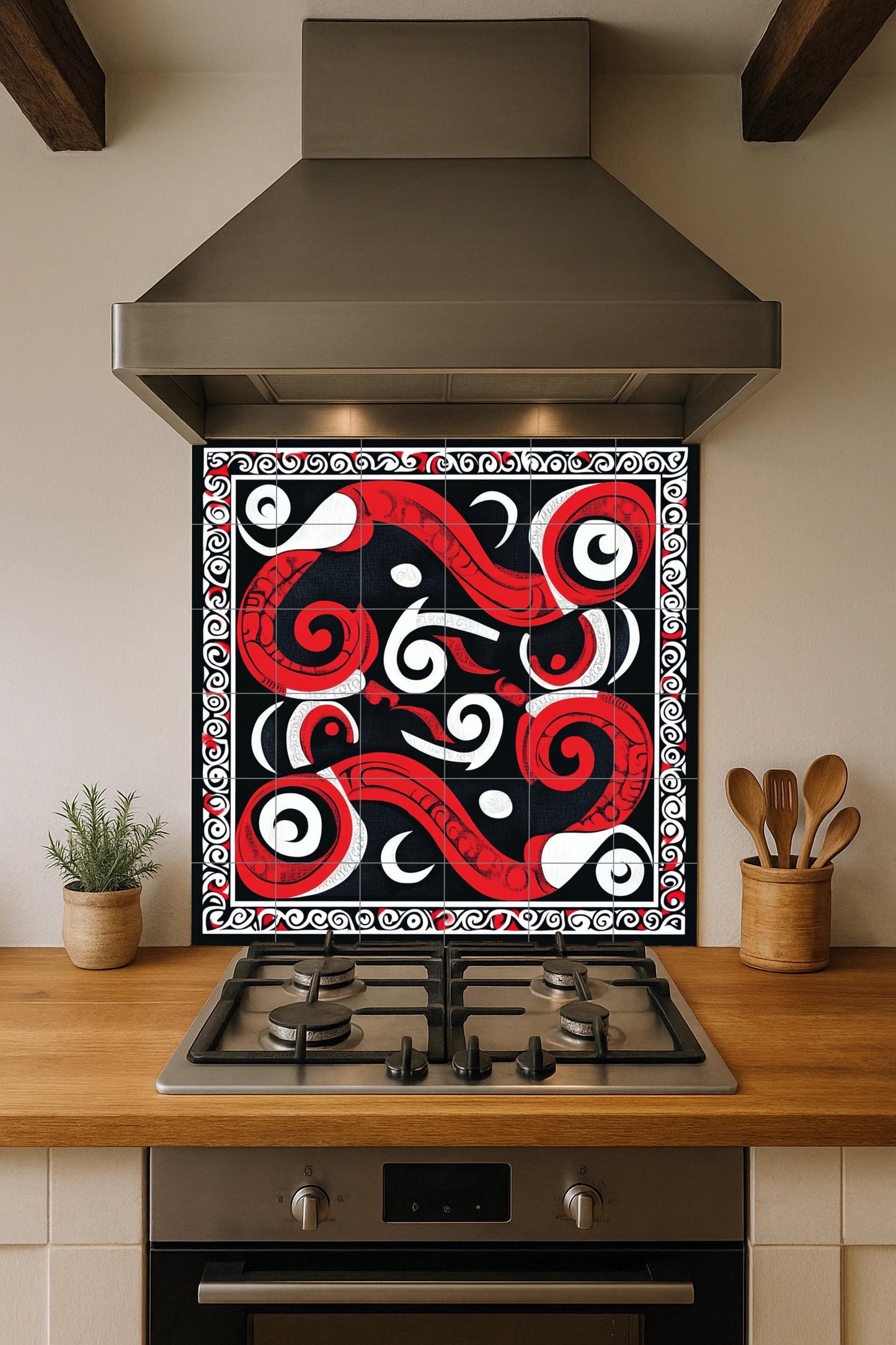 Maori ceramic mural Kōwhaiwhai: Tribal artwork with spiral tiles, red, white and black geometric mural art, cultural decorative ceramic panel.