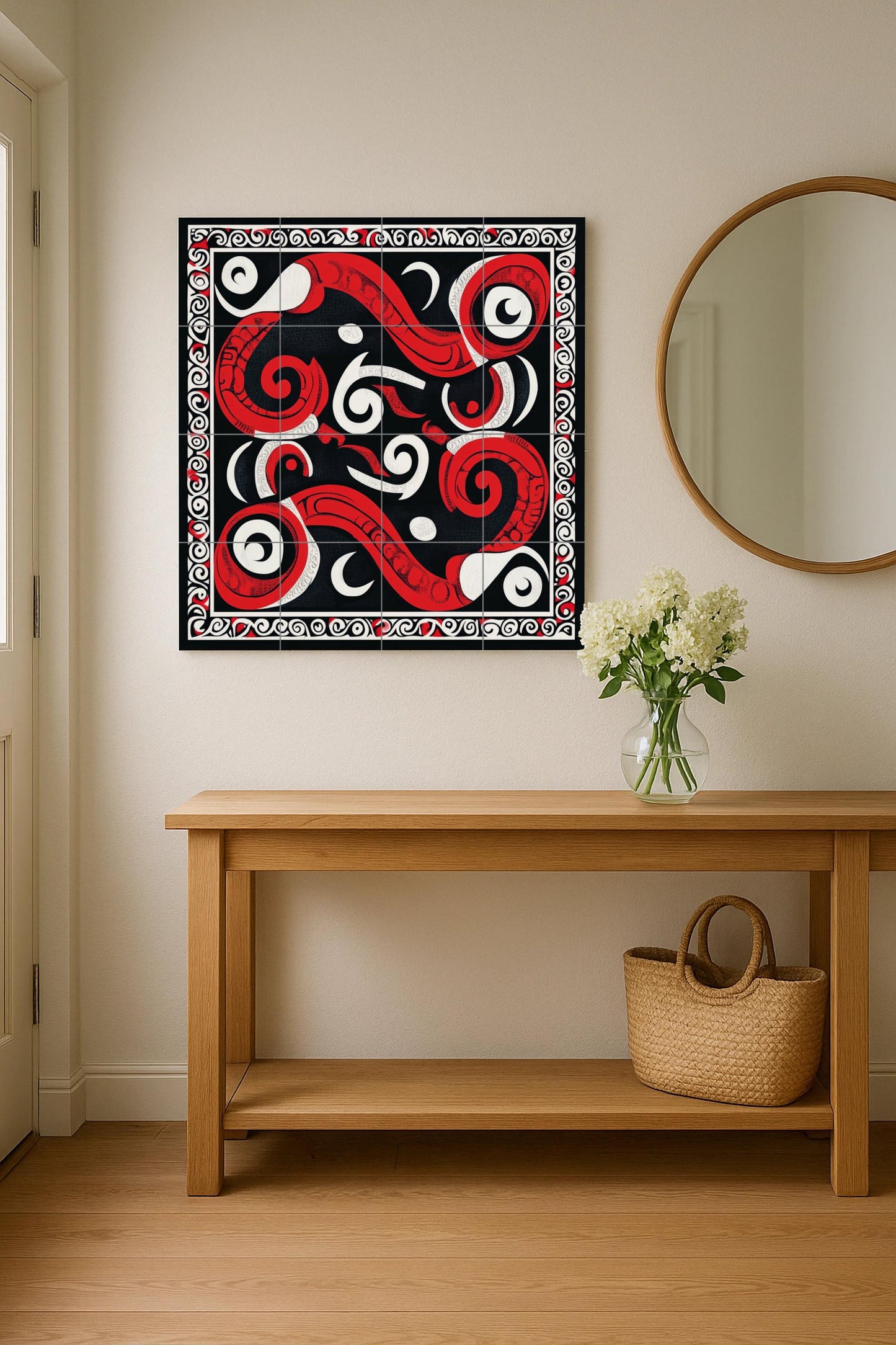 Maori ceramic mural Kōwhaiwhai: Tribal artwork with spiral tiles, red, white and black geometric mural art, cultural decorative ceramic panel.