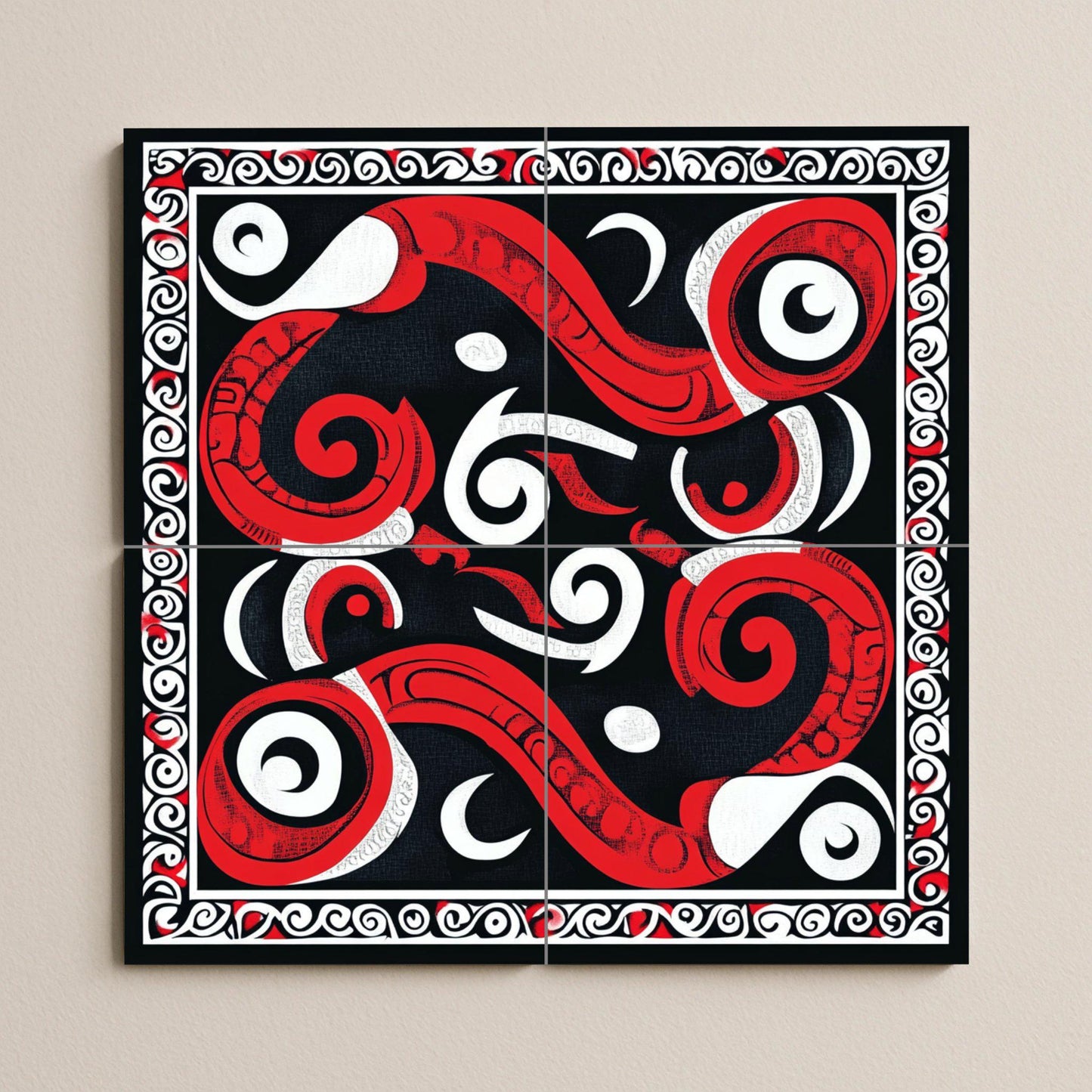 Maori ceramic mural Kōwhaiwhai: Tribal artwork with spiral tiles, red, white and black geometric mural art, cultural decorative ceramic panel.
