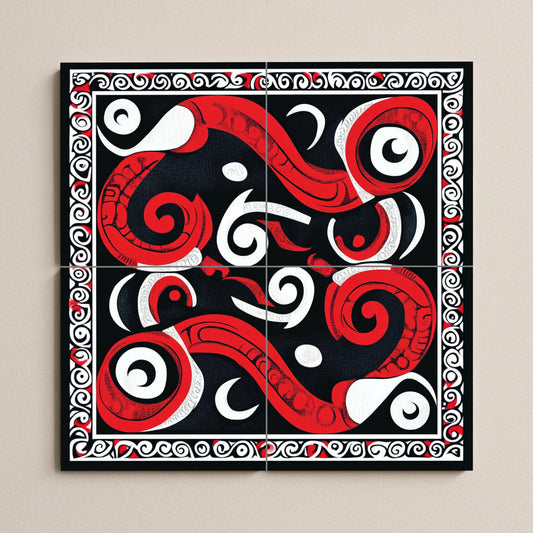 Maori ceramic mural Kōwhaiwhai: Tribal artwork with spiral tiles, red, white and black geometric mural art, cultural decorative ceramic panel.
