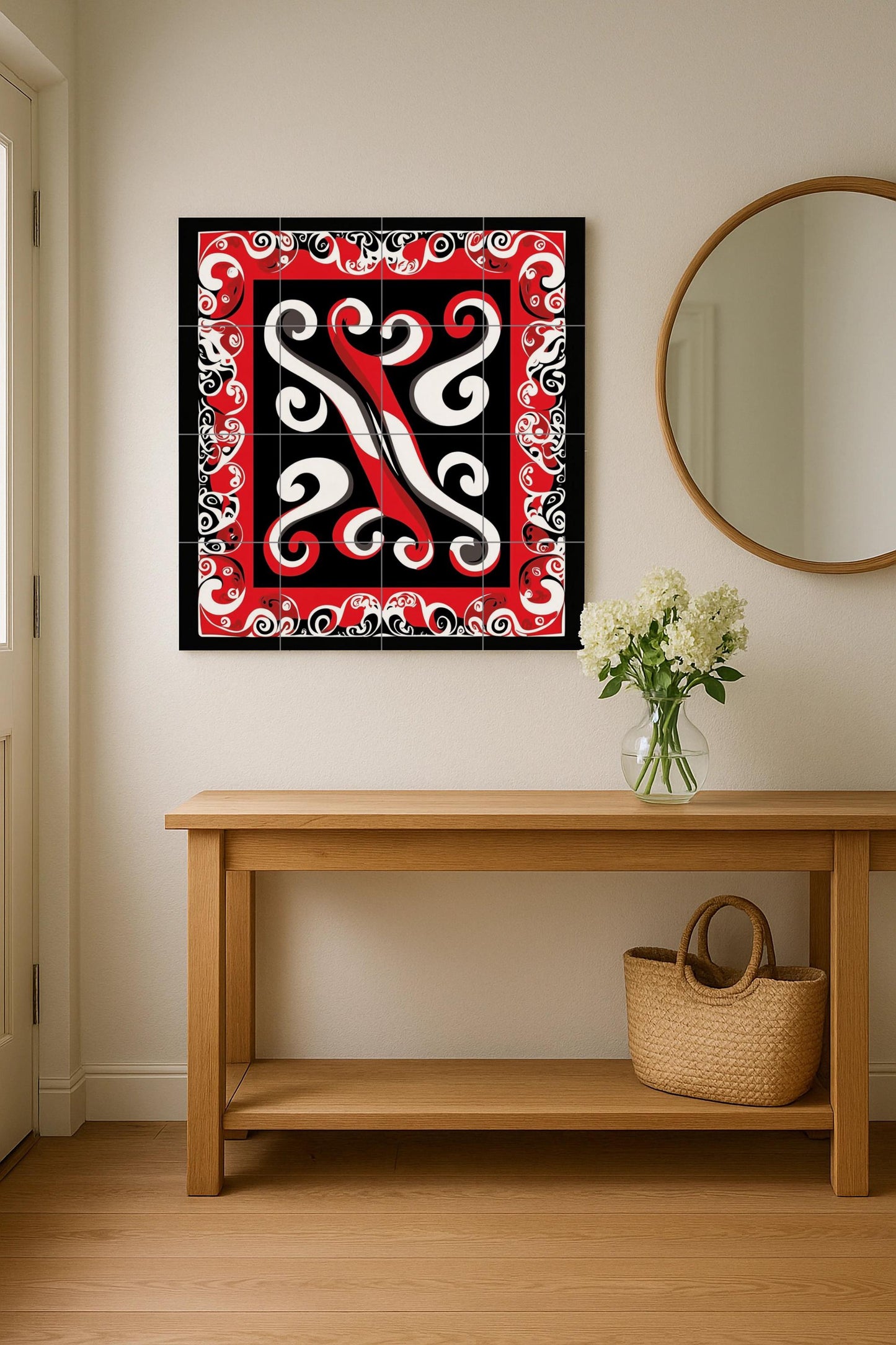 Polynesian Tribal Ceramic Mural: Maori-inspired tile artwork with abstract design in red, black and white, cultural decorative wall art.