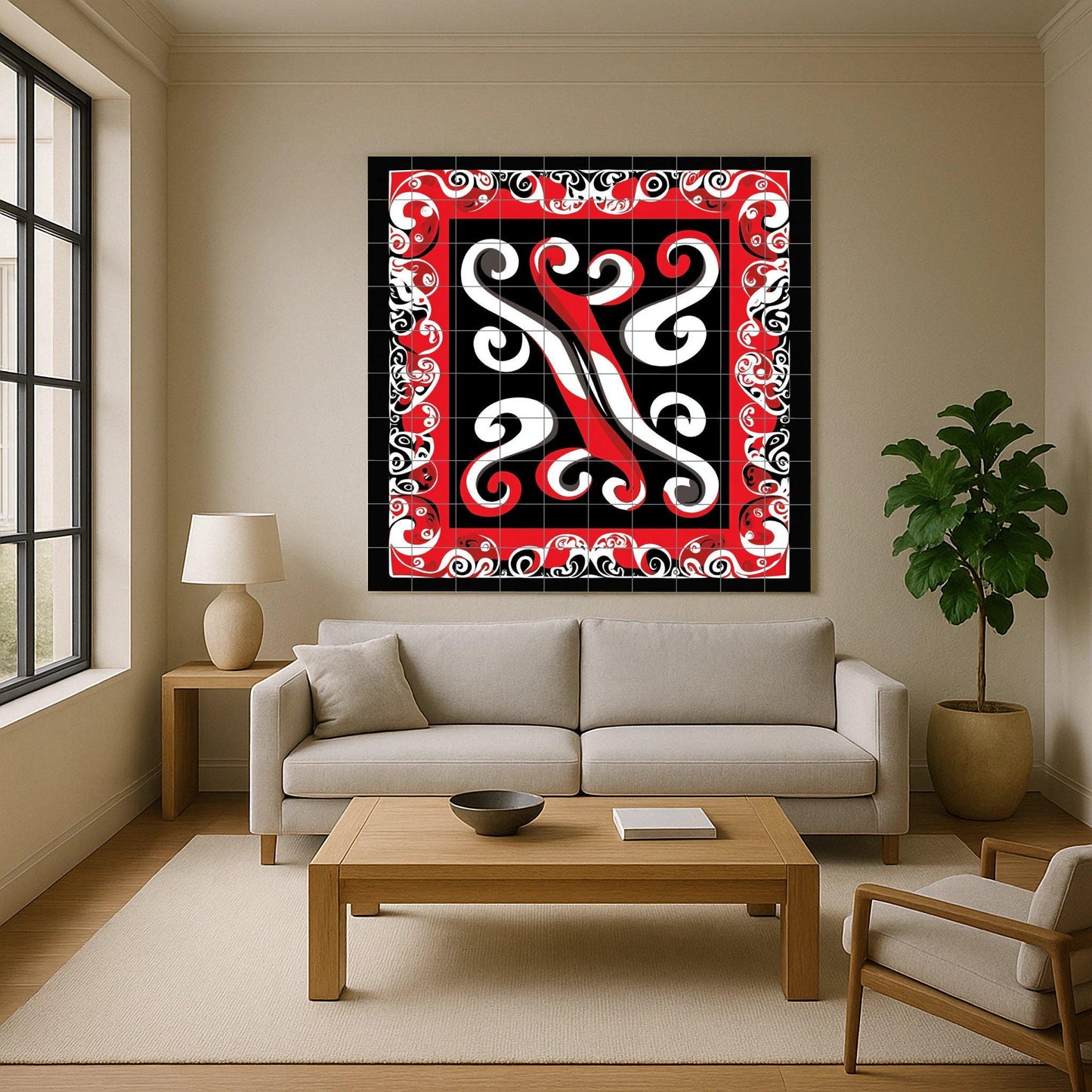 Polynesian Tribal Ceramic Mural: Maori-inspired tile artwork with abstract design in red, black and white, cultural decorative wall art.