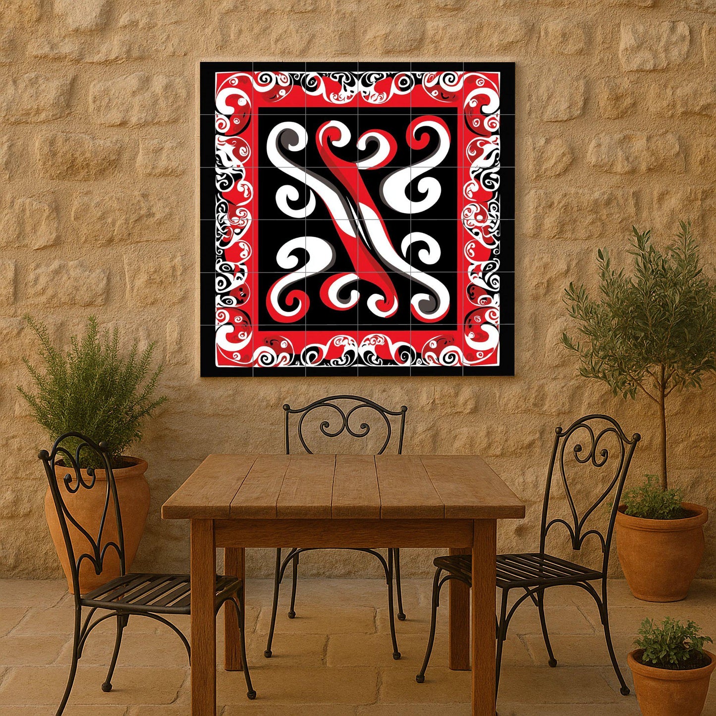 Polynesian Tribal Ceramic Mural: Maori-inspired tile artwork with abstract design in red, black and white, cultural decorative wall art.