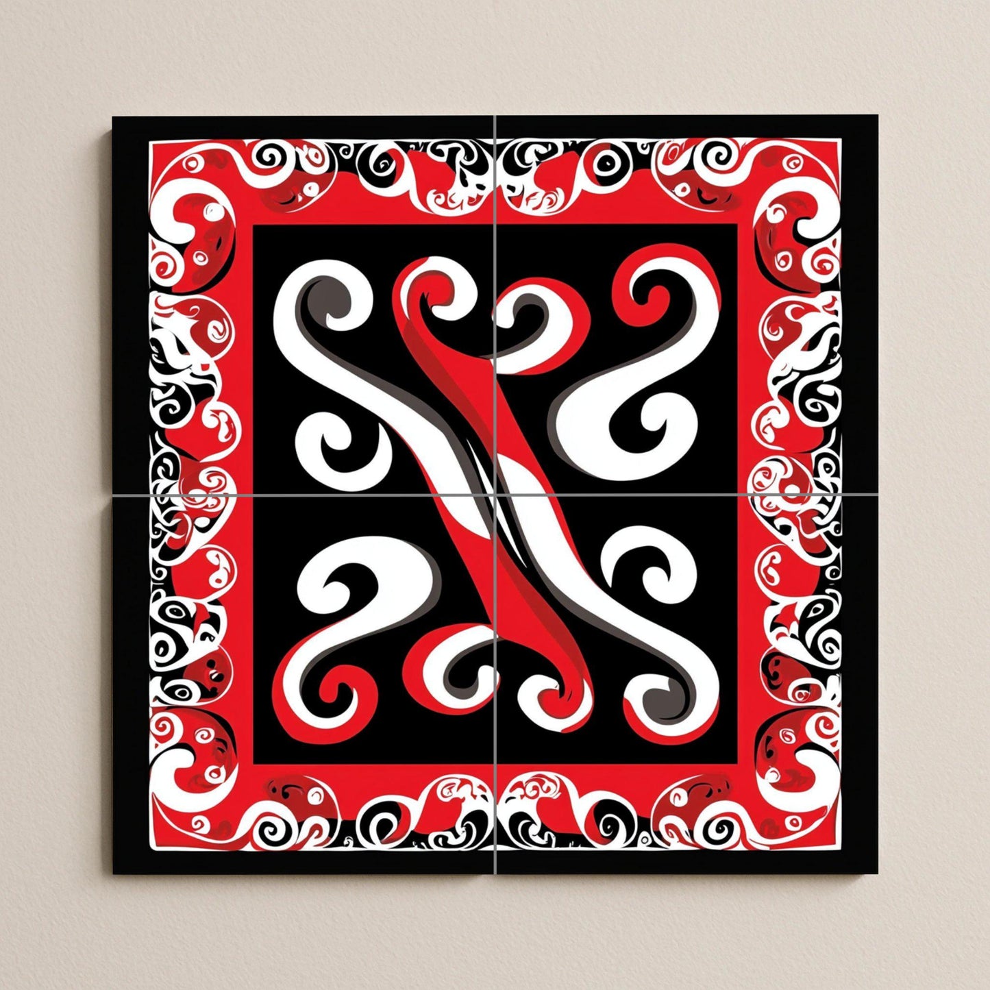 Polynesian Tribal Ceramic Mural: Maori-inspired tile artwork with abstract design in red, black and white, cultural decorative wall art.