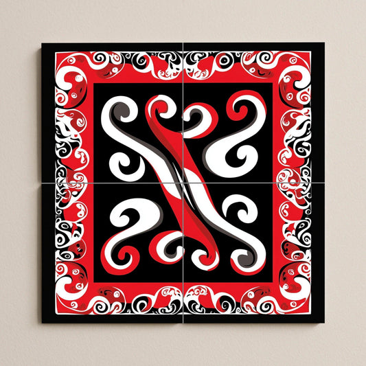 Polynesian Tribal Ceramic Mural: Maori-inspired tile artwork with abstract design in red, black and white, cultural decorative wall art.