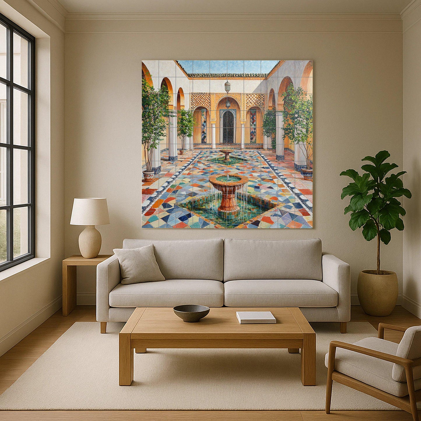Ceramic mural of a Moroccan riad with a fountain in the courtyard: zellige mosaic, mural art with an Islamic arch, decorative ceramic panel