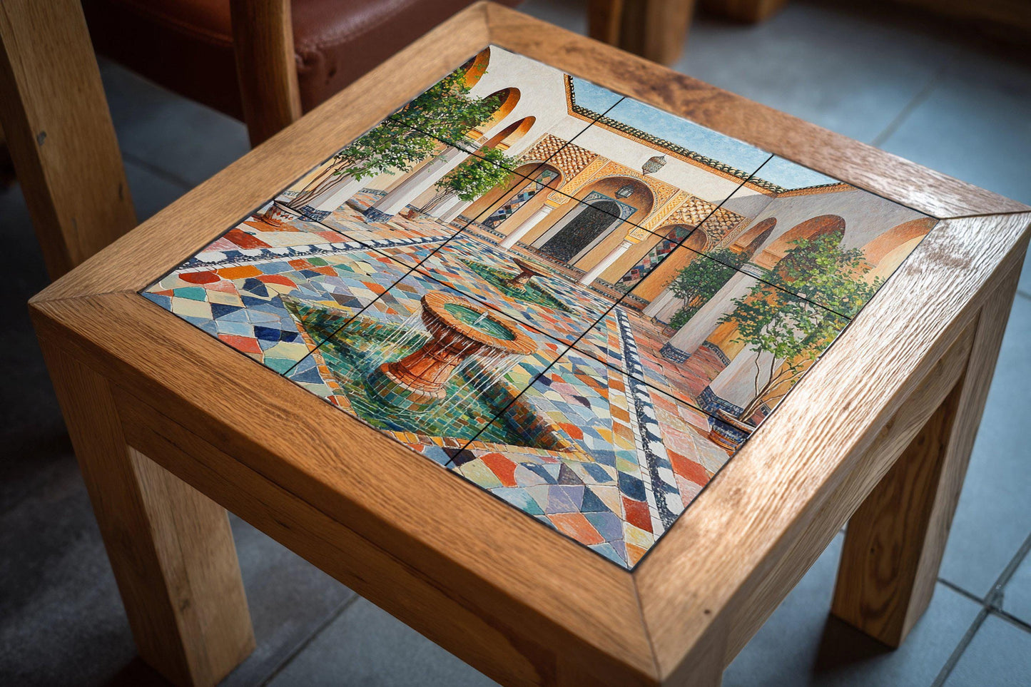 Ceramic mural of a Moroccan riad with a fountain in the courtyard: zellige mosaic, mural art with an Islamic arch, decorative ceramic panel