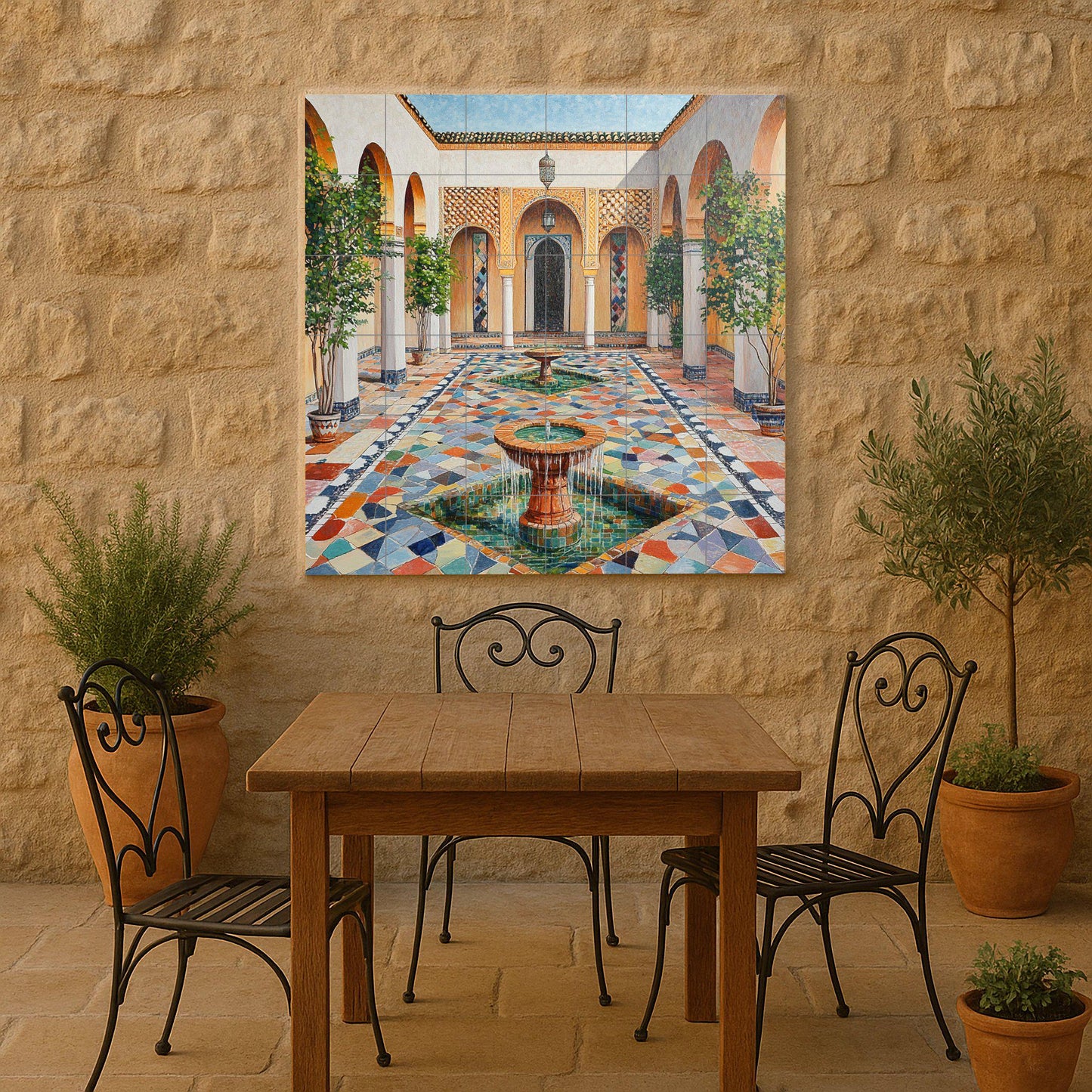 Ceramic mural of a Moroccan riad with a fountain in the courtyard: zellige mosaic, mural art with an Islamic arch, decorative ceramic panel