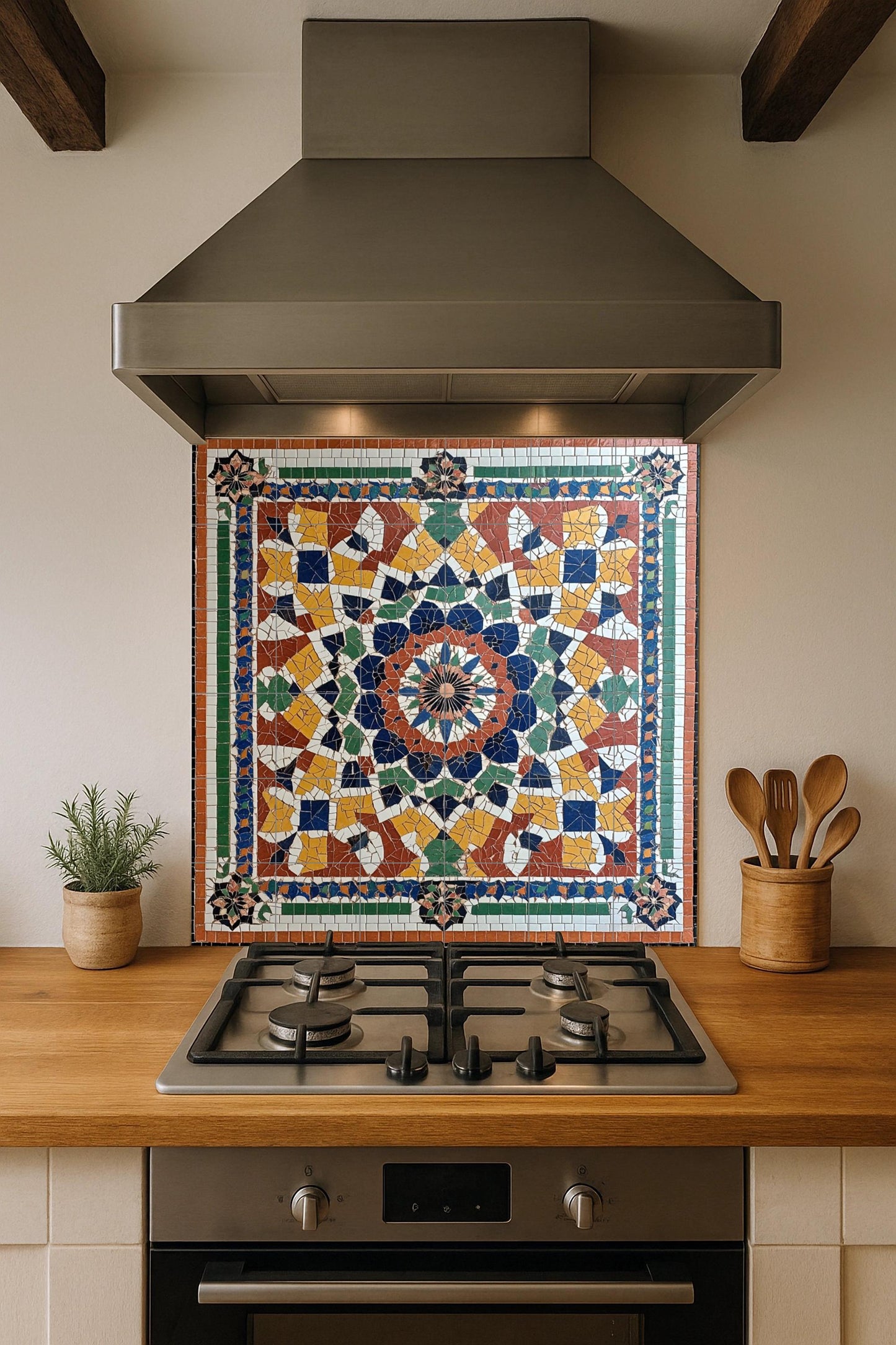 Moroccan ceramic mural with zellige mosaic: artwork with multicolored geometric tiles, Islamic arabesque mural art, decorative ceramic panel