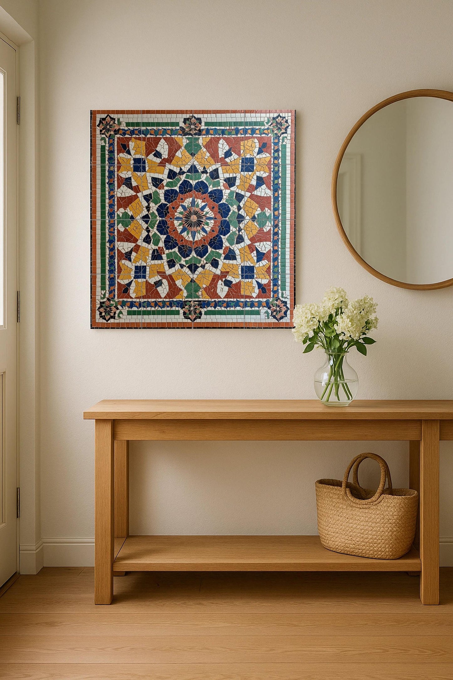 Moroccan ceramic mural with zellige mosaic: artwork with multicolored geometric tiles, Islamic arabesque mural art, decorative ceramic panel
