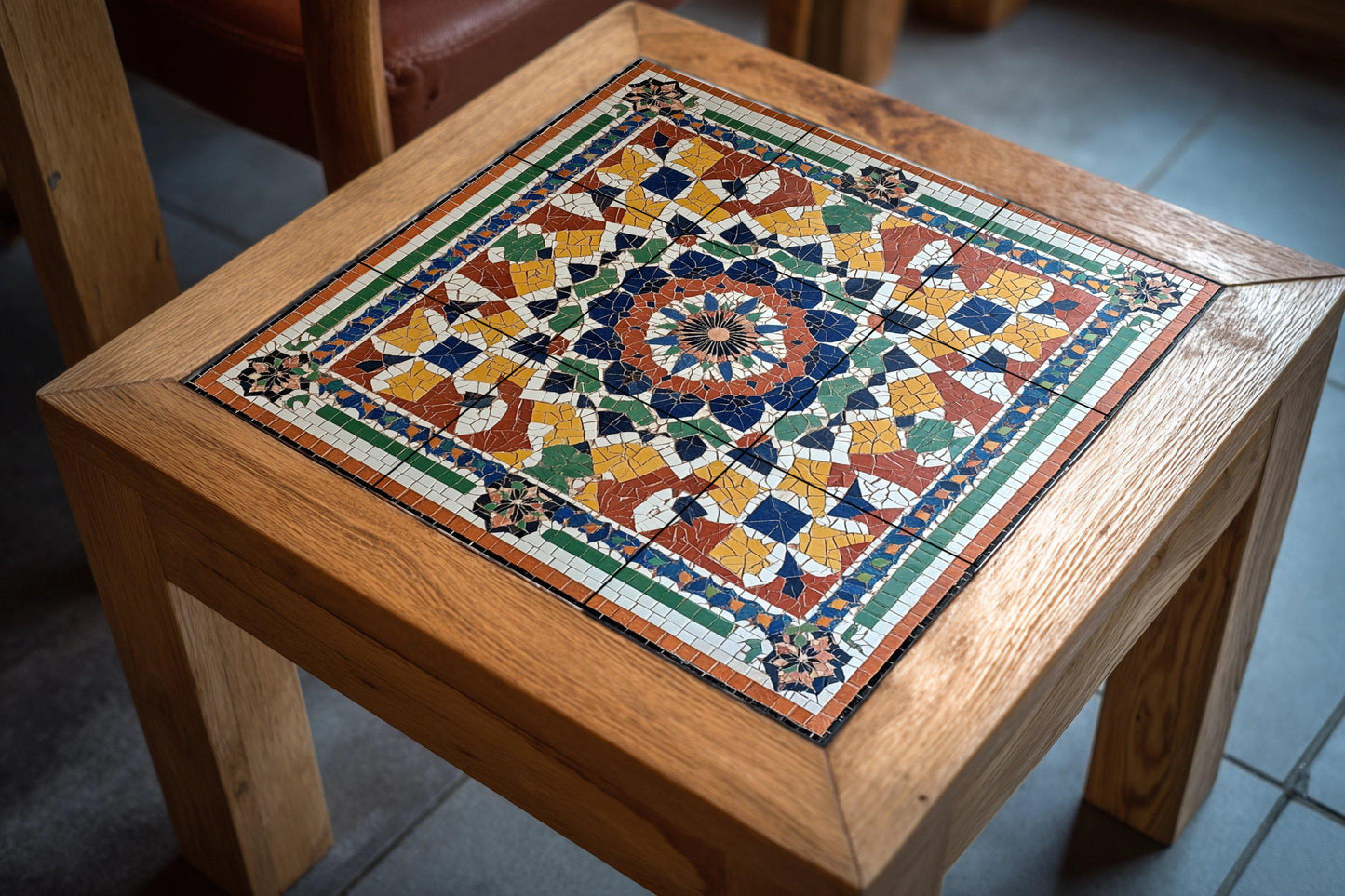 Moroccan ceramic mural with zellige mosaic: artwork with multicolored geometric tiles, Islamic arabesque mural art, decorative ceramic panel