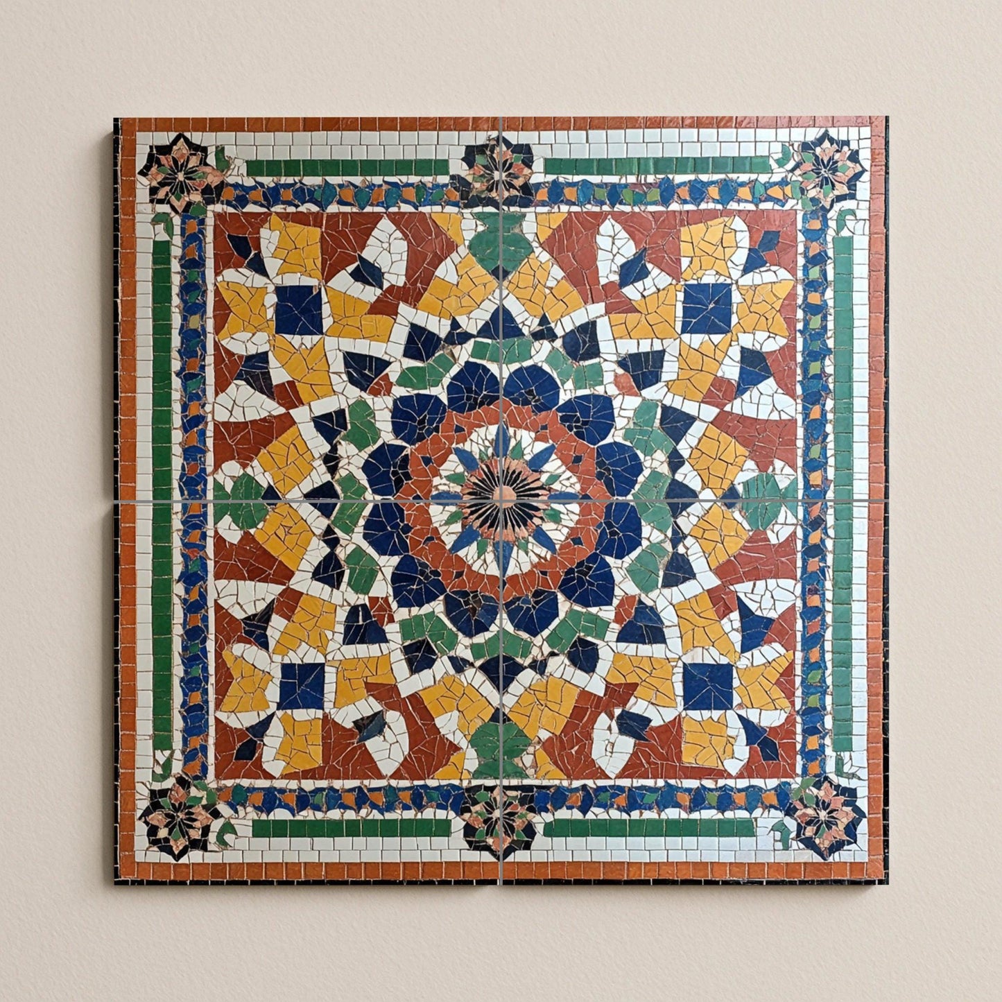 Moroccan ceramic mural with zellige mosaic: artwork with multicolored geometric tiles, Islamic arabesque mural art, decorative ceramic panel