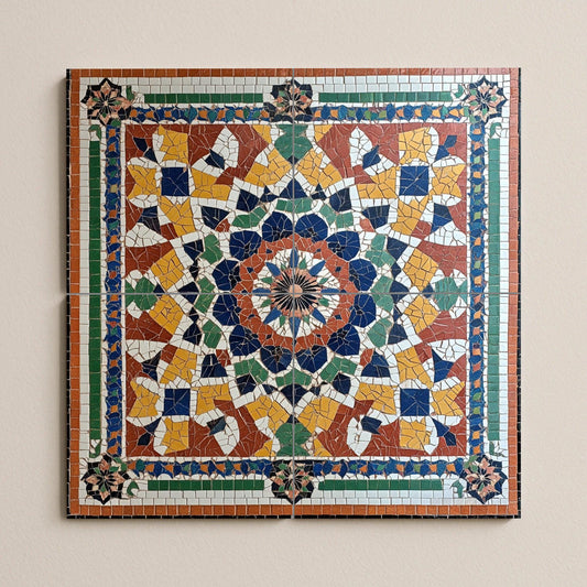 Moroccan ceramic mural with zellige mosaic: artwork with multicolored geometric tiles, Islamic arabesque mural art, decorative ceramic panel