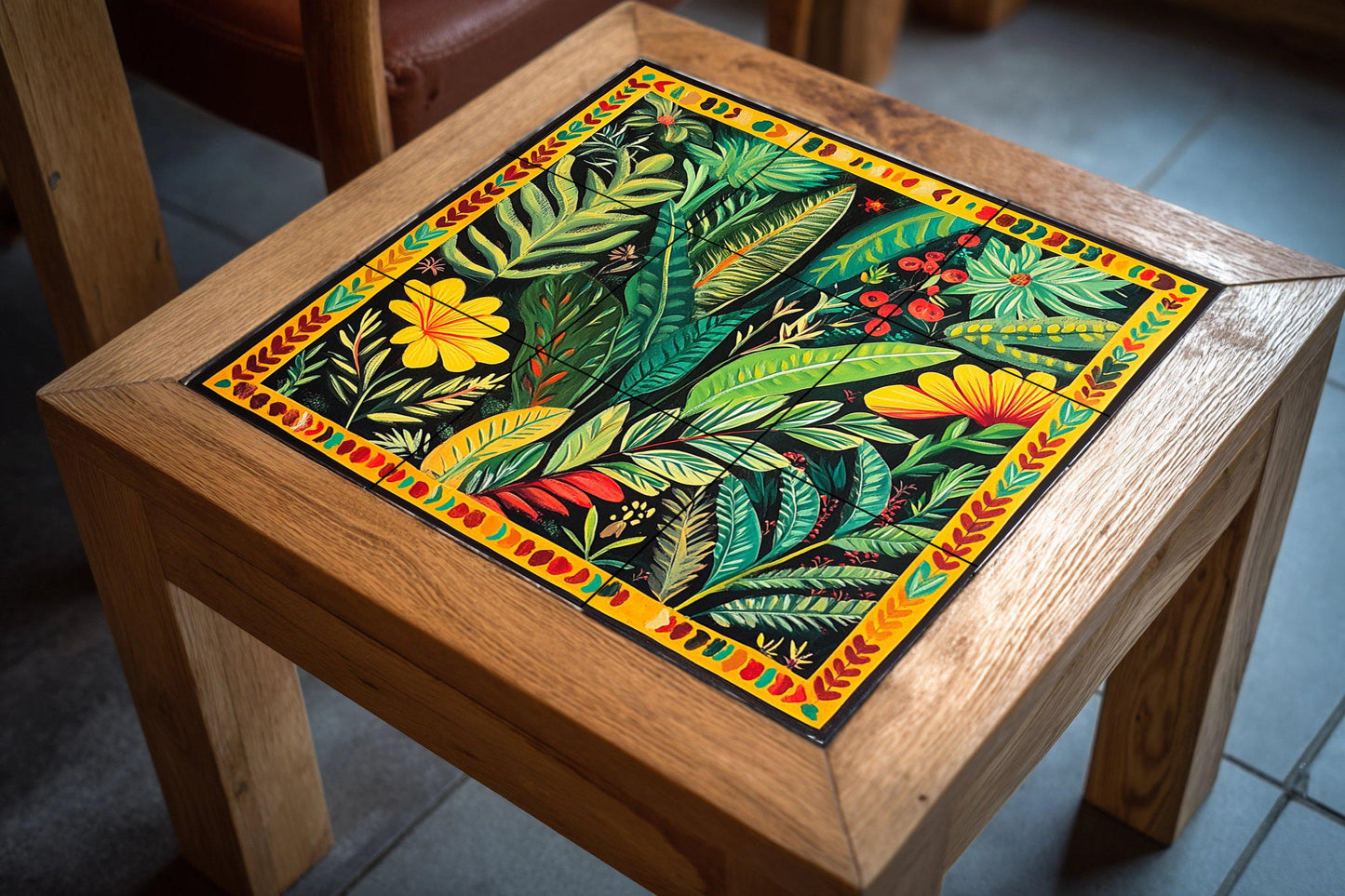 Colombian ceramic mural with tropical foliage: vibrant artwork with botanical tiles, folk-inspired jungle panel, colorful decorative ceramic