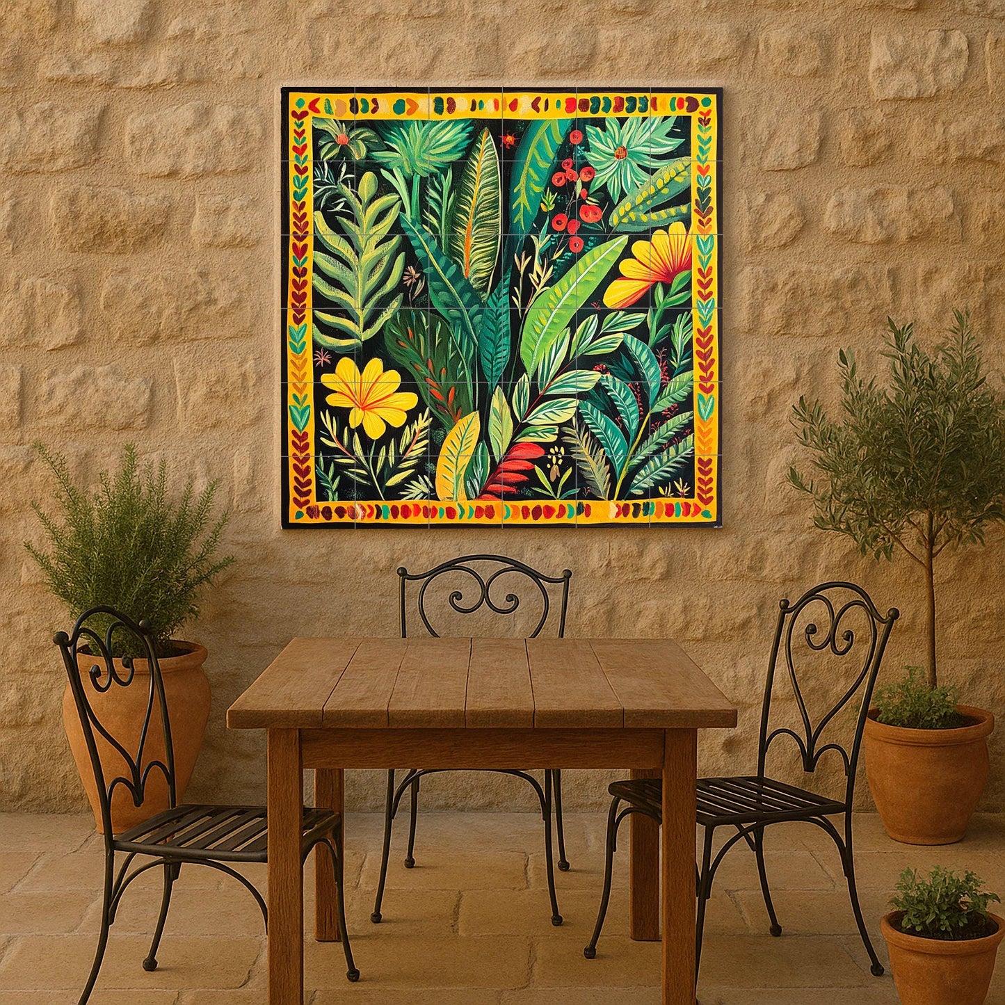 Colombian ceramic mural with tropical foliage: vibrant artwork with botanical tiles, folk-inspired jungle panel, colorful decorative ceramic
