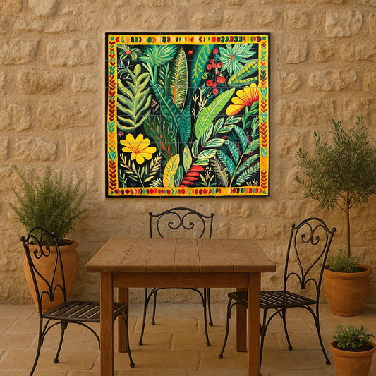 Colombian ceramic mural with tropical foliage: vibrant artwork with botanical tiles, folk-inspired jungle panel, colorful decorative ceramic