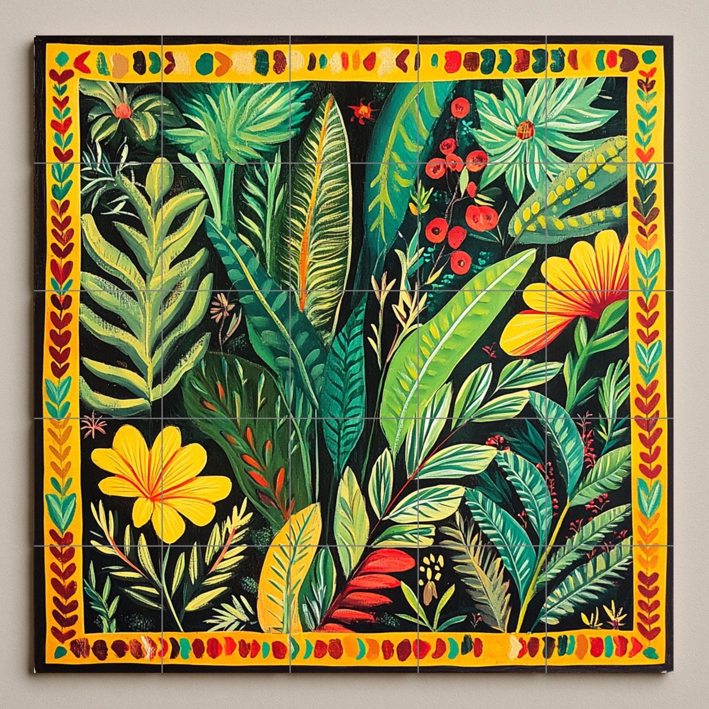 Colombian ceramic mural with tropical foliage: vibrant artwork with botanical tiles, folk-inspired jungle panel, colorful decorative ceramic