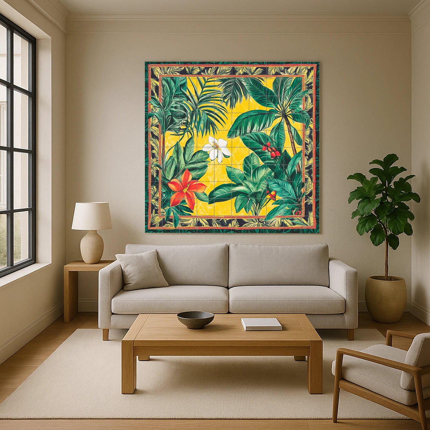 Brazilian ceramic mural with tropical flowers: vibrant artwork with jungle tiles, exotic Amazonian panel, colorful decorative wall art.