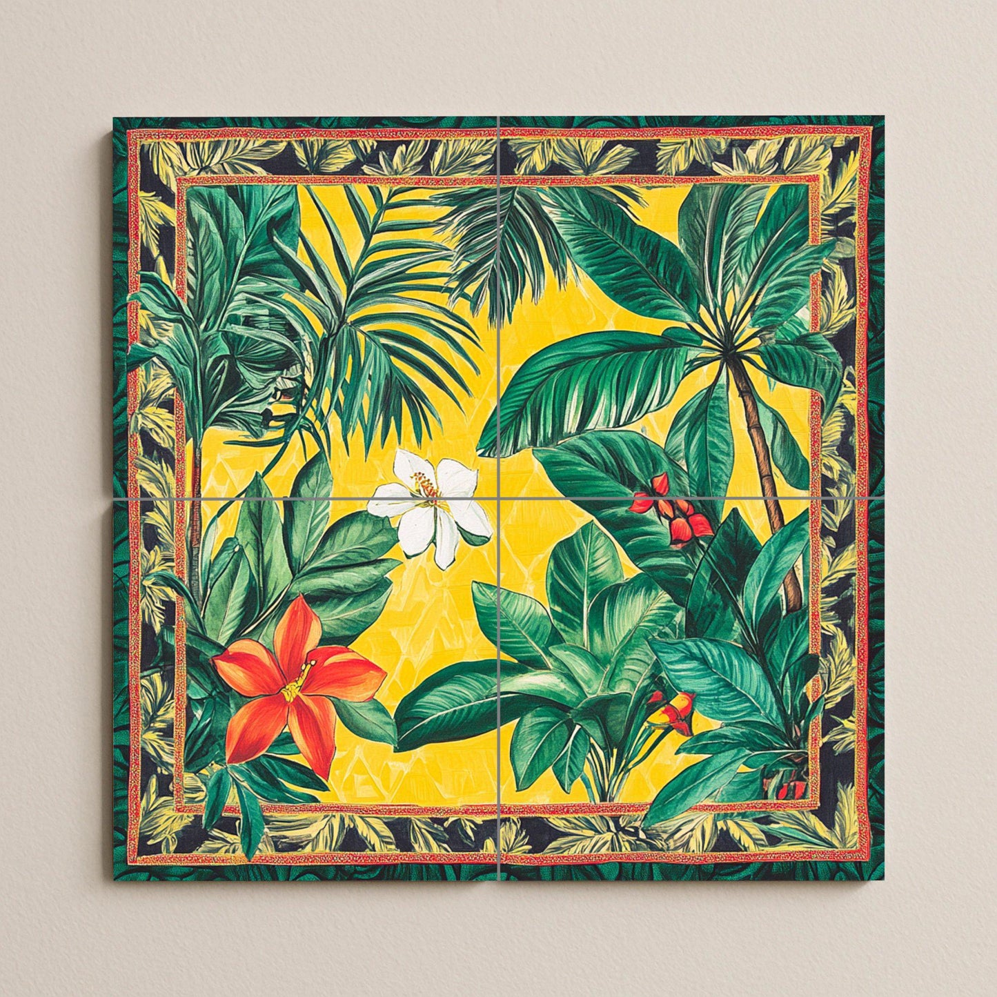 Brazilian ceramic mural with tropical flowers: vibrant artwork with jungle tiles, exotic Amazonian panel, colorful decorative wall art.