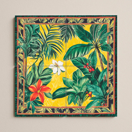 Brazilian ceramic mural with tropical flowers: vibrant artwork with jungle tiles, exotic Amazonian panel, colorful decorative wall art.