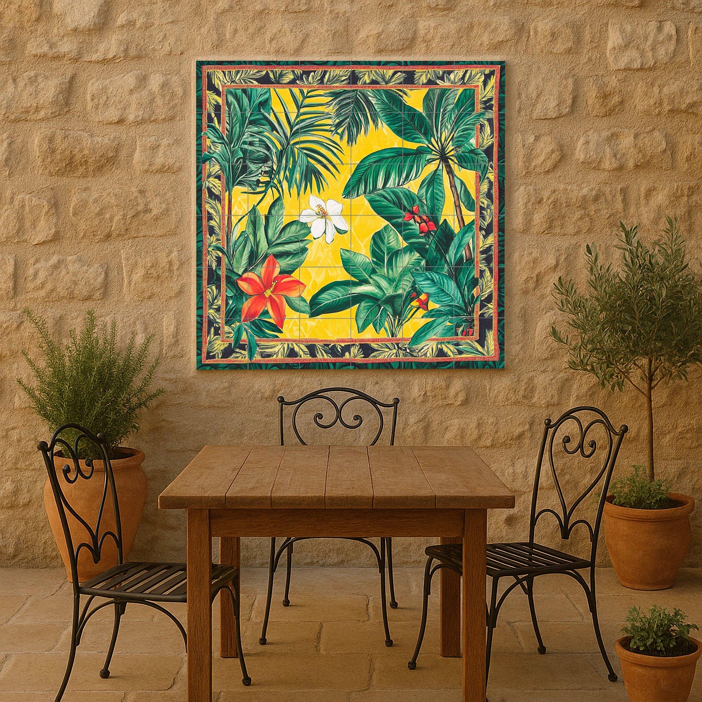 Brazilian ceramic mural with tropical flowers: vibrant artwork with jungle tiles, exotic Amazonian panel, colorful decorative wall art.