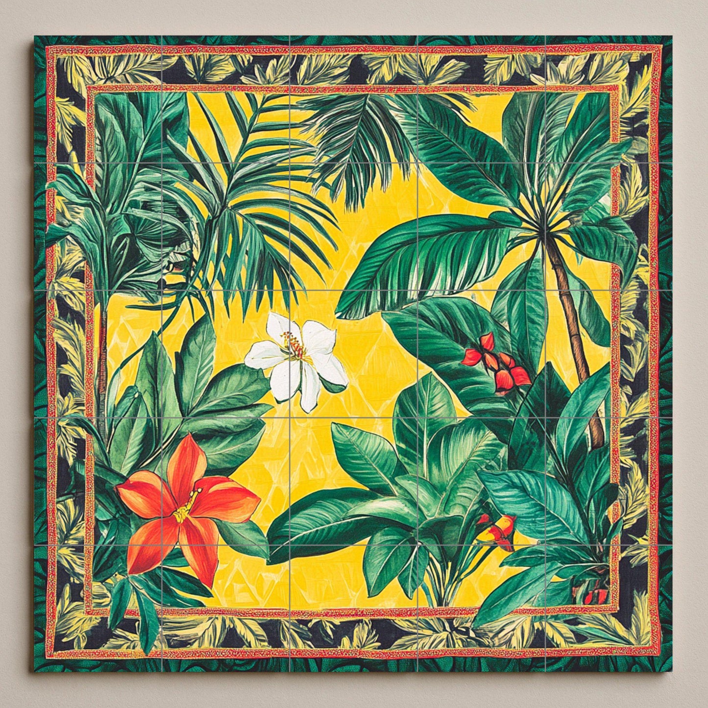 Brazilian ceramic mural with tropical flowers: vibrant artwork with jungle tiles, exotic Amazonian panel, colorful decorative wall art.