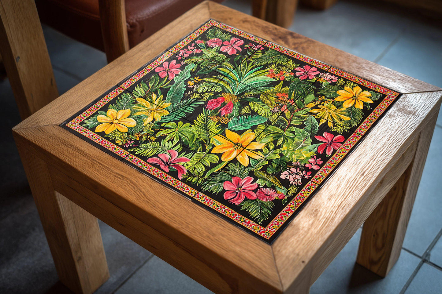 Tropical ceramic mural with exotic flowers: vibrant artwork with jungle tiles, colorful botanical panel, lush decorative ceramic wall art.