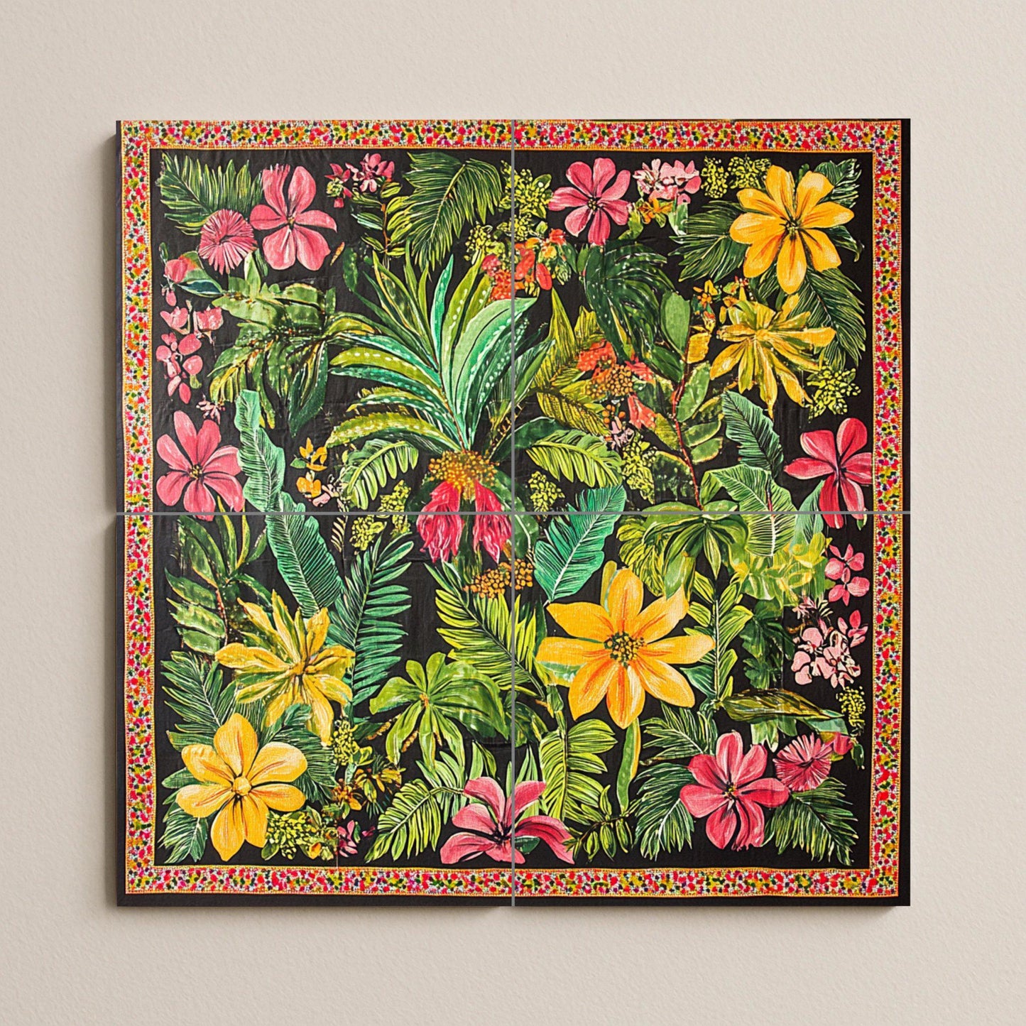 Tropical ceramic mural with exotic flowers: vibrant artwork with jungle tiles, colorful botanical panel, lush decorative ceramic wall art.