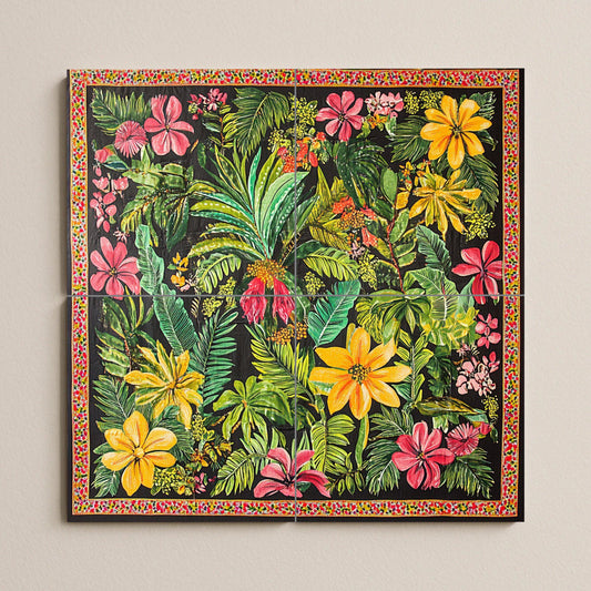 Tropical ceramic mural with exotic flowers: vibrant artwork with jungle tiles, colorful botanical panel, lush decorative ceramic wall art.