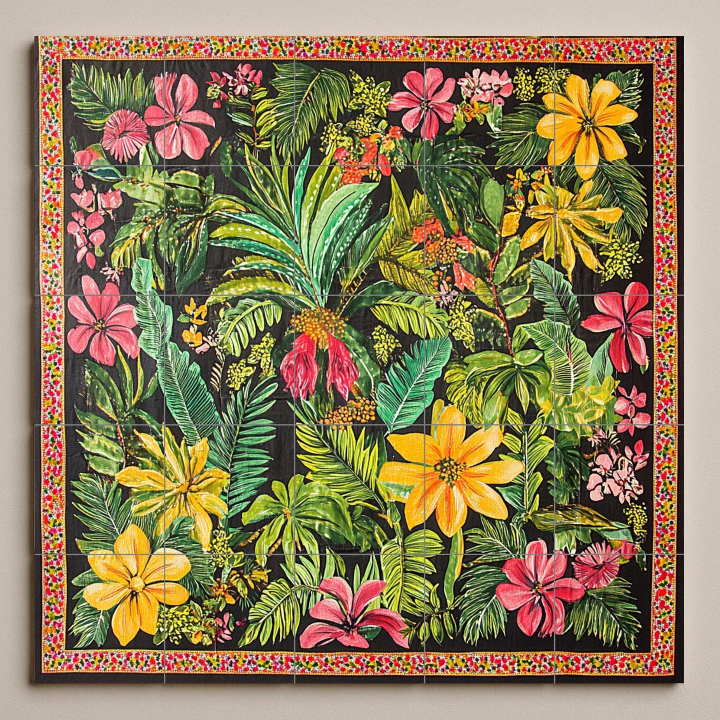 Tropical ceramic mural with exotic flowers: vibrant artwork with jungle tiles, colorful botanical panel, lush decorative ceramic wall art.