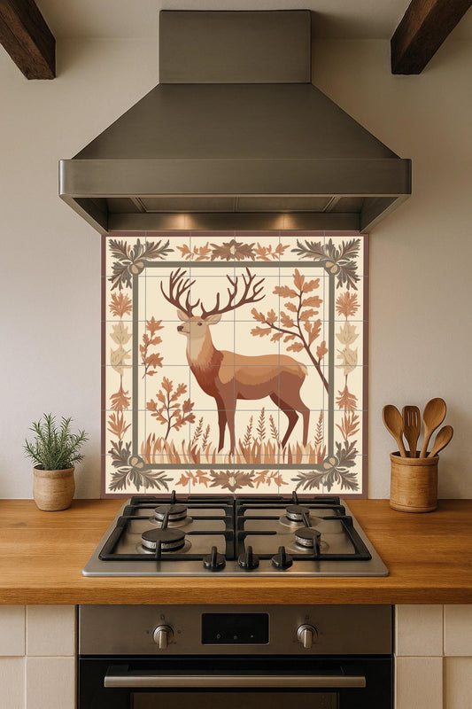 Deer ceramic mural in a forest frame: rustic artwork with forest tiles, nature heraldic panel, autumnal ceramic decorative wall art.