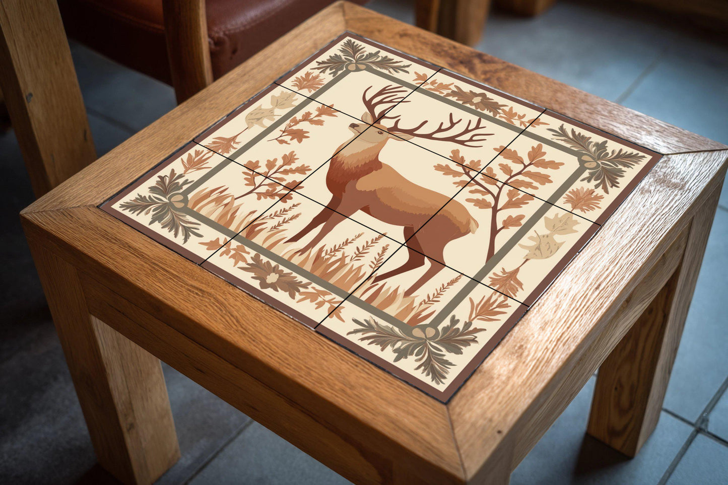 Deer ceramic mural in a forest frame: rustic artwork with forest tiles, nature heraldic panel, autumnal ceramic decorative wall art.