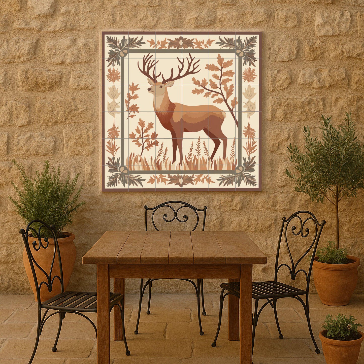 Deer ceramic mural in a forest frame: rustic artwork with forest tiles, nature heraldic panel, autumnal ceramic decorative wall art.