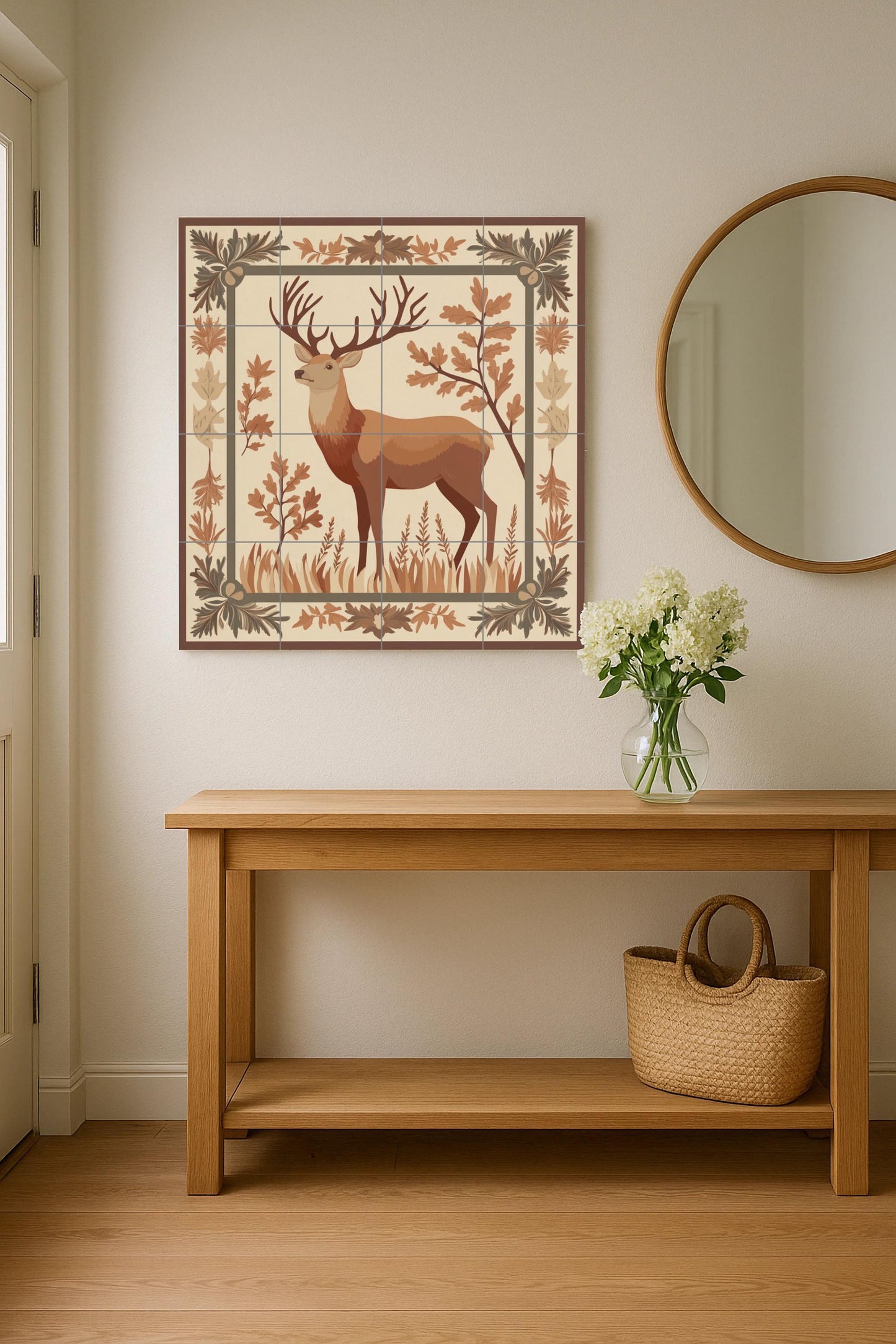 Deer ceramic mural in a forest frame: rustic artwork with forest tiles, nature heraldic panel, autumnal ceramic decorative wall art.